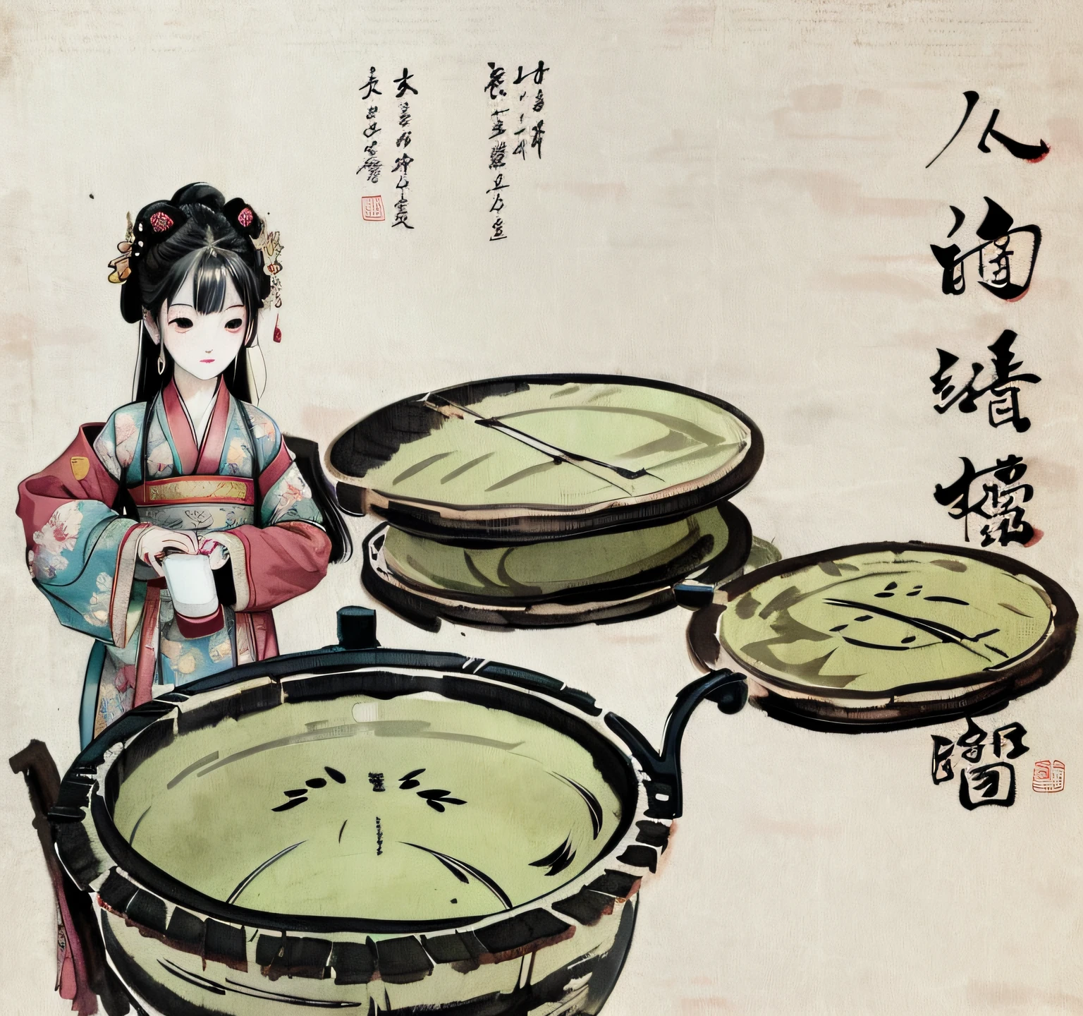 On the table was a woman holding a dustpan。, Traditional Chinese painting, Palace , A girl in Hanfu, Chinese watercolor style, Traditional Chinese art, Traditional Chinese watercolor, Chinese style painting, author:Qu Leilei, Chinese traditional, inspired by Wu Shixian, chinese brush pen illustration, Chinese painting style, traditional painting