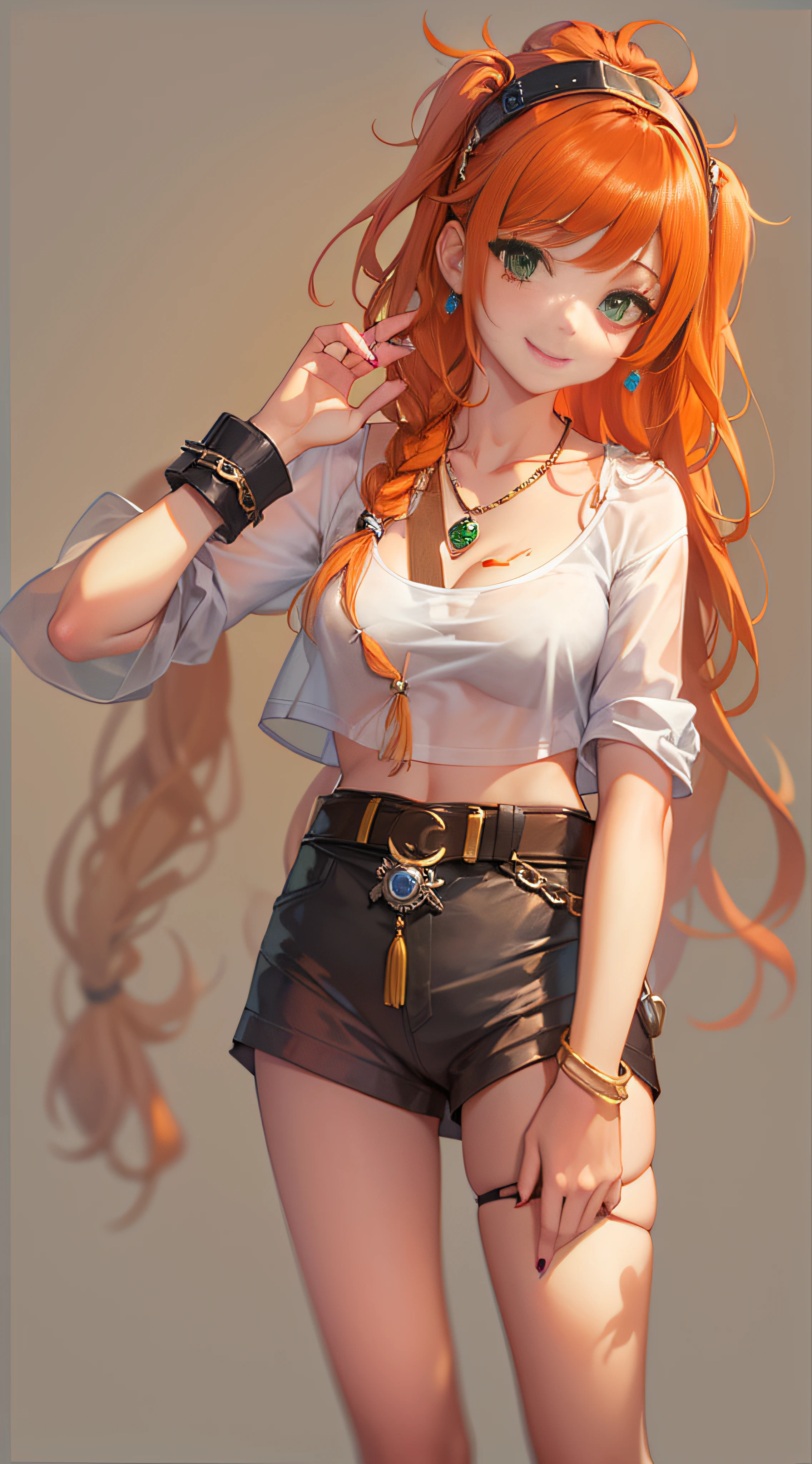 20 yo girl, full body view, orange hair, smile, skinny, pigtails, braid, cute_girl, sexy, young, medium_breasts, teen, see-through, green eyes, seductive, nude, jewelry, small hips, looking at viewer, pirate, messy hair, bangs, black eye patch, cleavage, open shirt