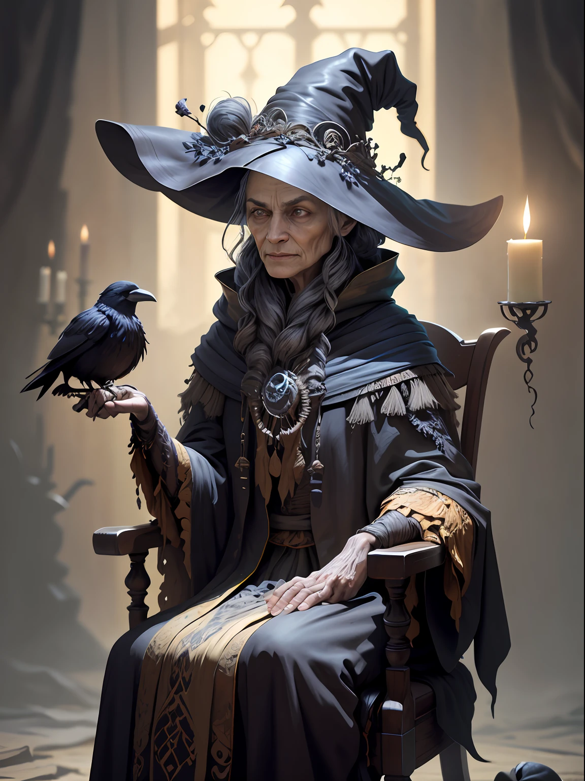 An old witch sits in a Kadilau chair in the background，She was holding a Soniste crow, Packed on sheets, hermit, Marble statue of, Deep octane rendering, Candlelight lighting, baroque, European, Look sideways at the camera, Anatomically correct, Super detailed