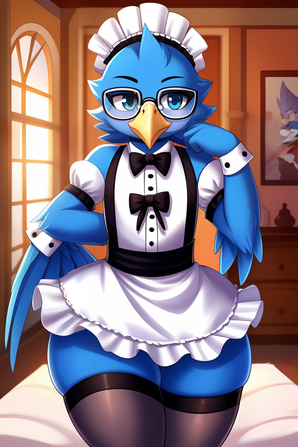 Berdly from Deltarune, (Berdly:0.7), blue body, male, (solo), (standing), 1boy, (circle-glasses), (avian), looking at you, from above, (masterpiece, best quality:1.0), aprons, dress, (pout), (angry:0.5), maid, maid apron, maid headdress, hands on hips, ((black stockings:1.0)), bedroom, indoors, (bird tail), (large thighs:1.0), (center of focus), ((frown)), (semi-chibi:0.5), soft light, top quality, highres, (thick thighs:1.0), ambient atmosphere, (artist:magnaluna:0.6)