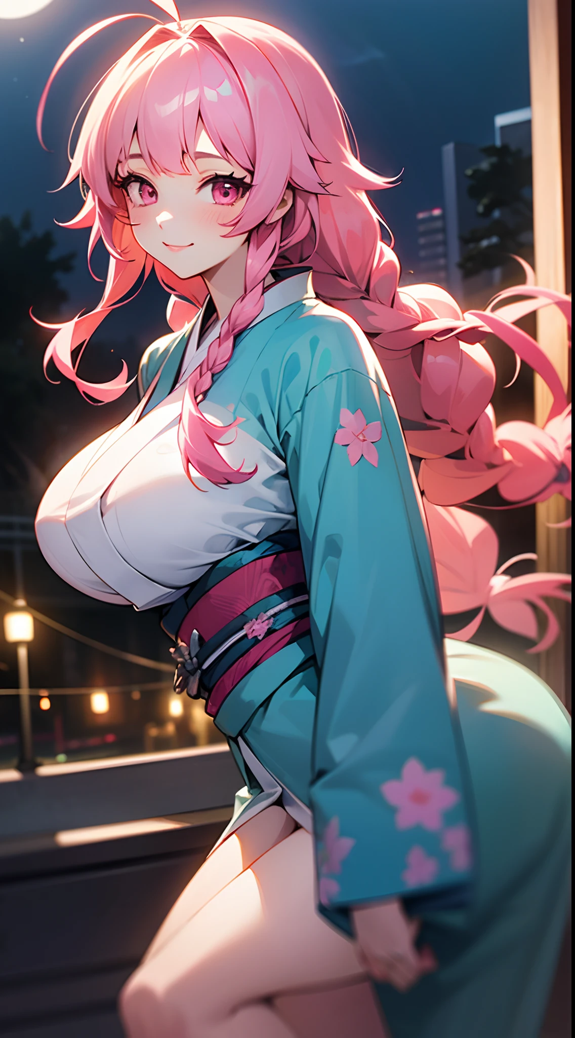 1girl, pink hair, one bun, green eyes, shy face, black and white kimono, long black stockings, pink shoes, big breasts, big ass, japanese house background