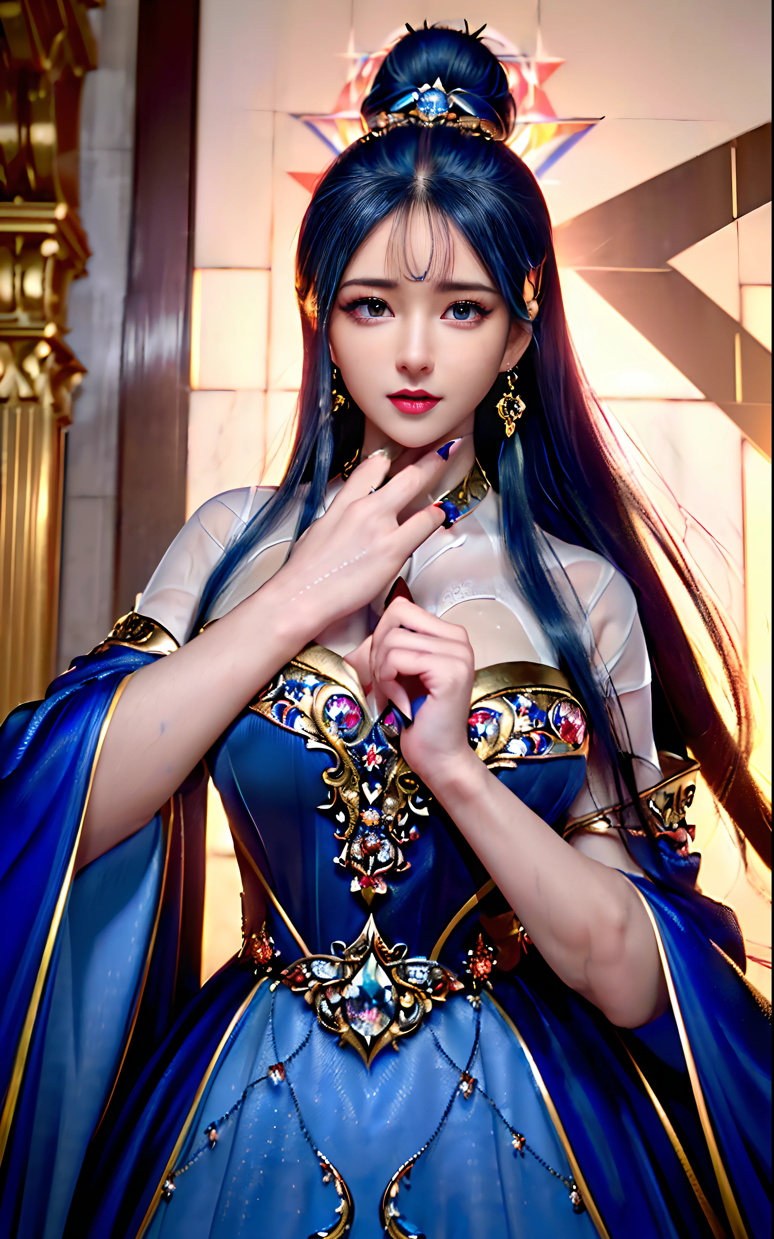 ((realisticity: 1.2)), ((realistic: 8K UHD)), ((best resolution: 8K UHD)), hyper detailed, best quality,masterpiece,highres,cg, ((1 girl hyper detailed and hyper realistic) ) , ((beautiful queen, hyper realistic and hyper detailed)),((white skin, beautiful, smooth, youthful, hyper realistic and hyper detailed )), ((Face hyper beautiful, white, hyper realistic and hyper detailed ) ), long hair, ((hyper realistic and hyper detailed dress)), solo, ((hyper realistic, hyper beautiful, beautiful and hyper detailed jewelry)), ((hyper beautiful deep red and golden yellow dress, hyper realistic and hyper detailed )) , ((Her pretty, hyper realistic, hyper detailed diamond filled earrings)), ((Her gorgeous diamond haircut, hyper realistic and hyper detailed)), ((hyper pretty upper body, hyper beautiful, hyper realistic and hyper detailed) ), ((medium breast: 1.1)), ((hyper realistic, hyper pretty, hyper detailed boobs)), ((the backgroun of the royal palace is hyper majestic, hyper realistic and hyper detailed)),((hands and palms hyper beautiful, hyper detailed, hyper realistic)), ((hyper detailed and hyper realistic fingers and fingernails)), ((hyper pretty fingernails, hyper vivid, hyper detailed, hyper realistic)), ((thumb, index finger, middle finger, ring finger, little finger hyper vivid, hyper pretty, hyper detailed, hyper realistic)), ((hyper beautiful fingers, hyper detailed, and hyper realistic)), ((posture not too fat and not too thin, hyper realistic, hyper detail)), ((hyper pretty, hyper pretty, hyper realistic and hyper detailed hair bun)), ((hyper pretty , hyper realistic and hyper detailed blue hair)), candid, Photo, high resolution, 8k , bokeh,