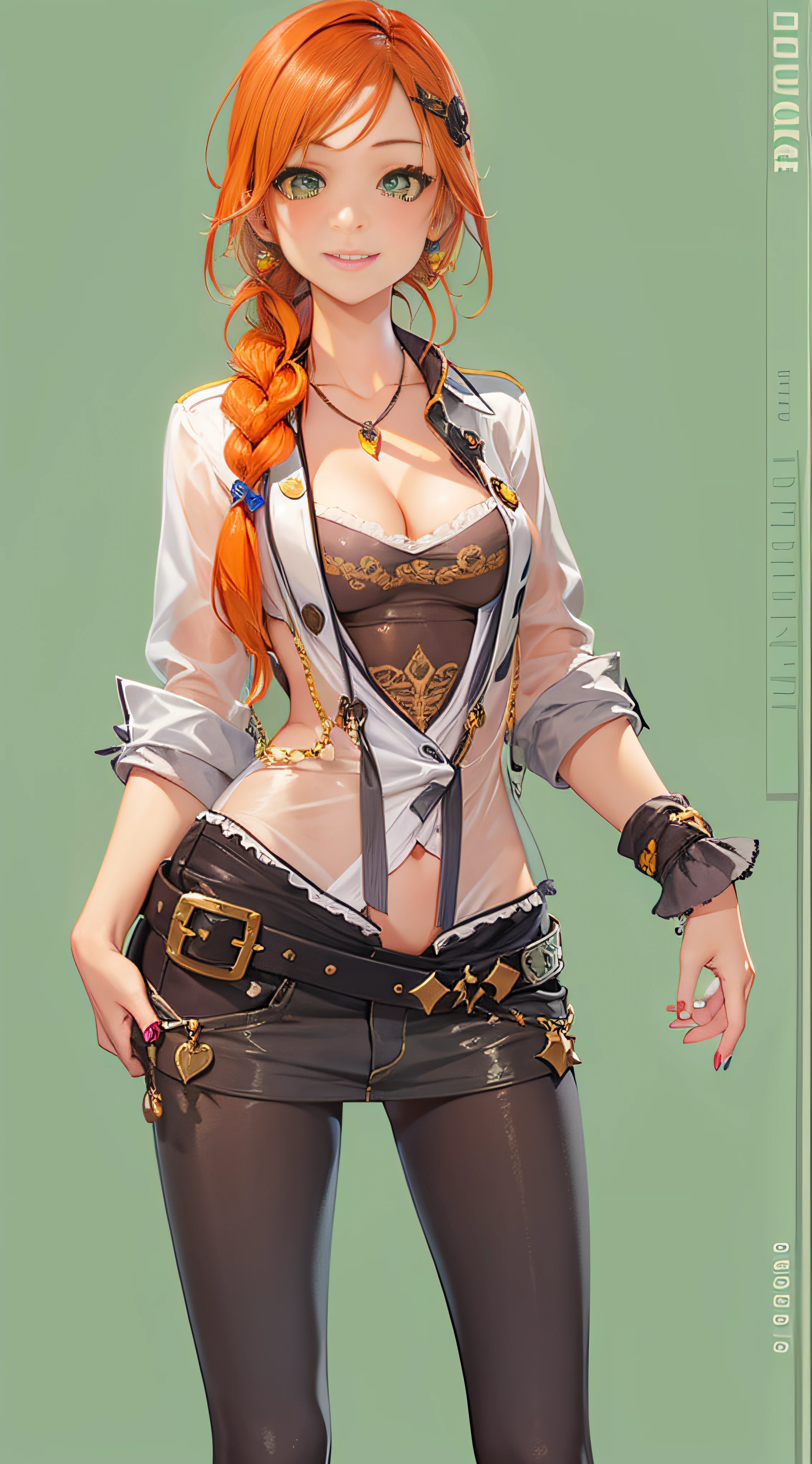  20 yo girl, full body view, orange hair, smile, skinny, pigtails, braid, cute_girl, sexy, young, medium_breasts, teen, see-through, green eyes, seductive, nude, jewelry, small hips, looking at viewer, pirate, messy hair, bangs, black eye patch, cleavage, open shirt