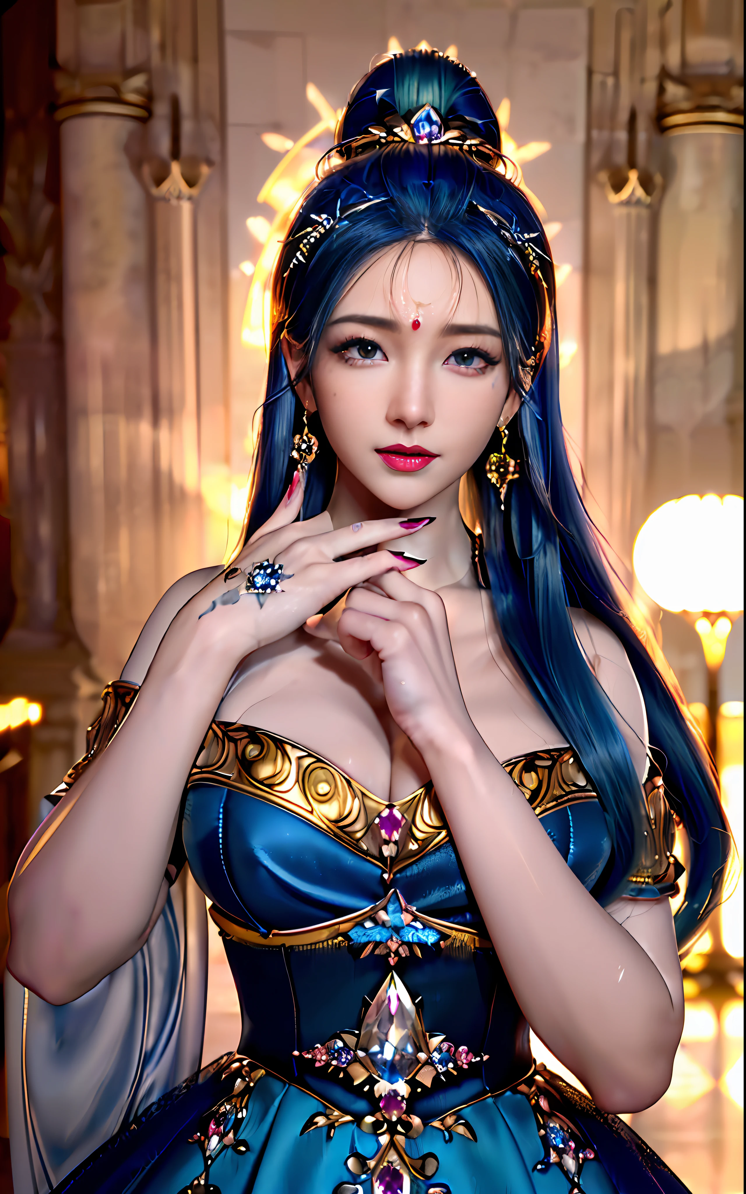 ((realisticity: 1.2)), ((realistic: 8K UHD)), ((best resolution: 8K UHD)), hyper detailed, best quality,masterpiece,highres,cg, ((1 girl hyper detailed and hyper realistic) ) , ((beautiful queen, hyper realistic and hyper detailed)),((white skin, beautiful, smooth, youthful, hyper realistic and hyper detailed )), ((Face hyper beautiful, white, hyper realistic and hyper detailed ) ), long hair, ((hyper realistic and hyper detailed dress)), solo, ((hyper realistic, hyper beautiful, beautiful and hyper detailed jewelry)), ((hyper beautiful deep red and golden yellow dress, hyper realistic and hyper detailed )) , ((Her pretty, hyper realistic, hyper detailed diamond filled earrings)), ((Her gorgeous diamond haircut, hyper realistic and hyper detailed)), ((hyper pretty upper body, hyper beautiful, hyper realistic and hyper detailed) ), ((medium breast: 1.1)), ((hyper realistic, hyper pretty, hyper detailed boobs)), ((the backgroun of the royal palace is hyper majestic, hyper realistic and hyper detailed)),((hands and palms hyper beautiful, hyper detailed, hyper realistic)), ((hyper detailed and hyper realistic fingers and fingernails)), ((hyper pretty fingernails, hyper vivid, hyper detailed, hyper realistic)), ((thumb, index finger, middle finger, ring finger, little finger hyper vivid, hyper pretty, hyper detailed, hyper realistic)), ((hyper beautiful fingers, hyper detailed, and hyper realistic)), ((posture not too fat and not too thin, hyper realistic, hyper detail)), ((hyper pretty, hyper pretty, hyper realistic and hyper detailed hair bun)), ((hyper pretty , hyper realistic and hyper detailed blue hair)), candid, Photo, high resolution, 8k , bokeh,