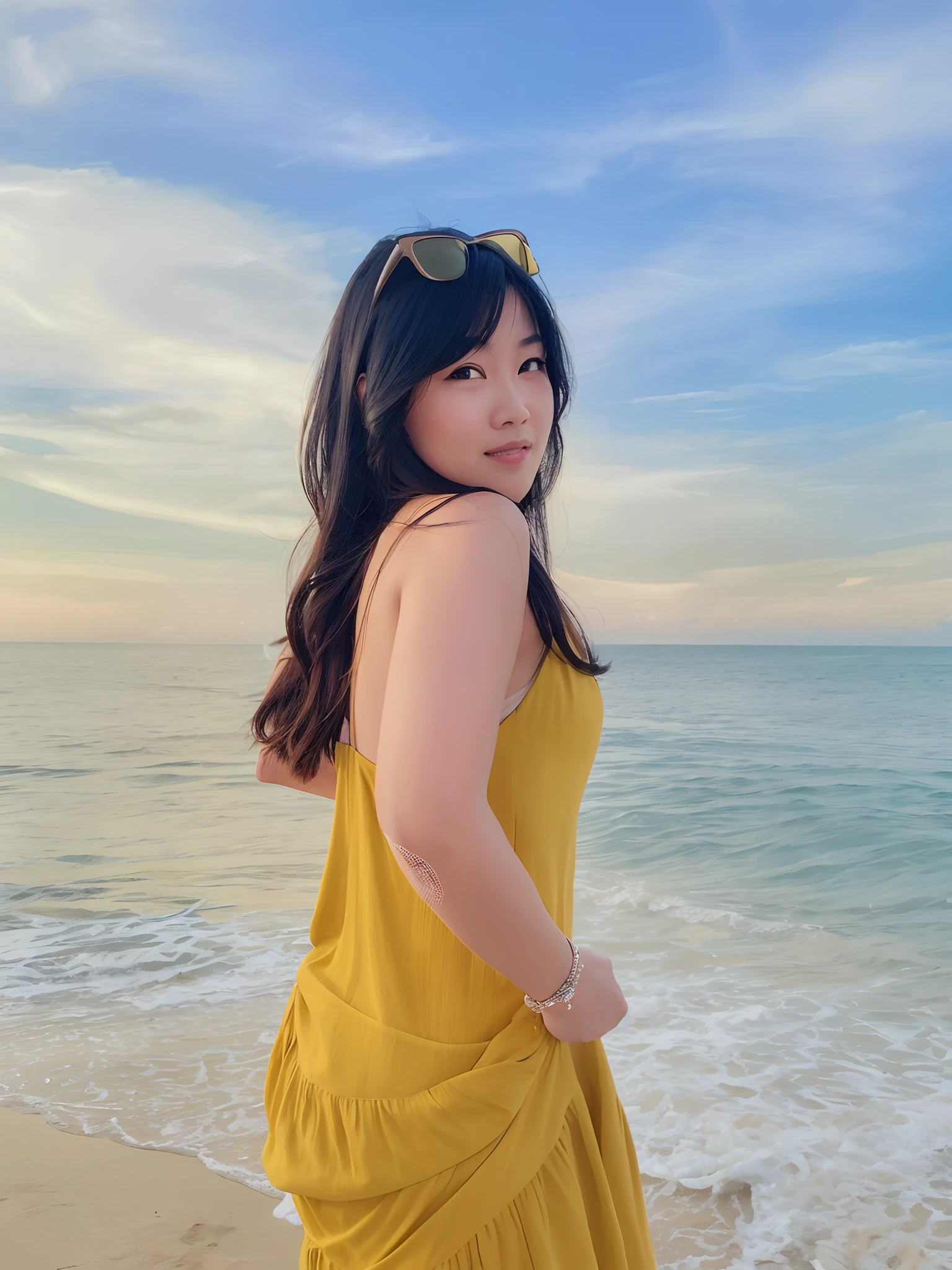 arafed woman in a yellow dress standing on the beach, posing on a beach with the ocean, standing at the beach, profile image, profile pic, in the beach, beach pic, the ocean in the background, mai anh tran, photo taken with canon 5d, wavy hair yellow theme, at beach at sunset, standing near the beach, profile picture