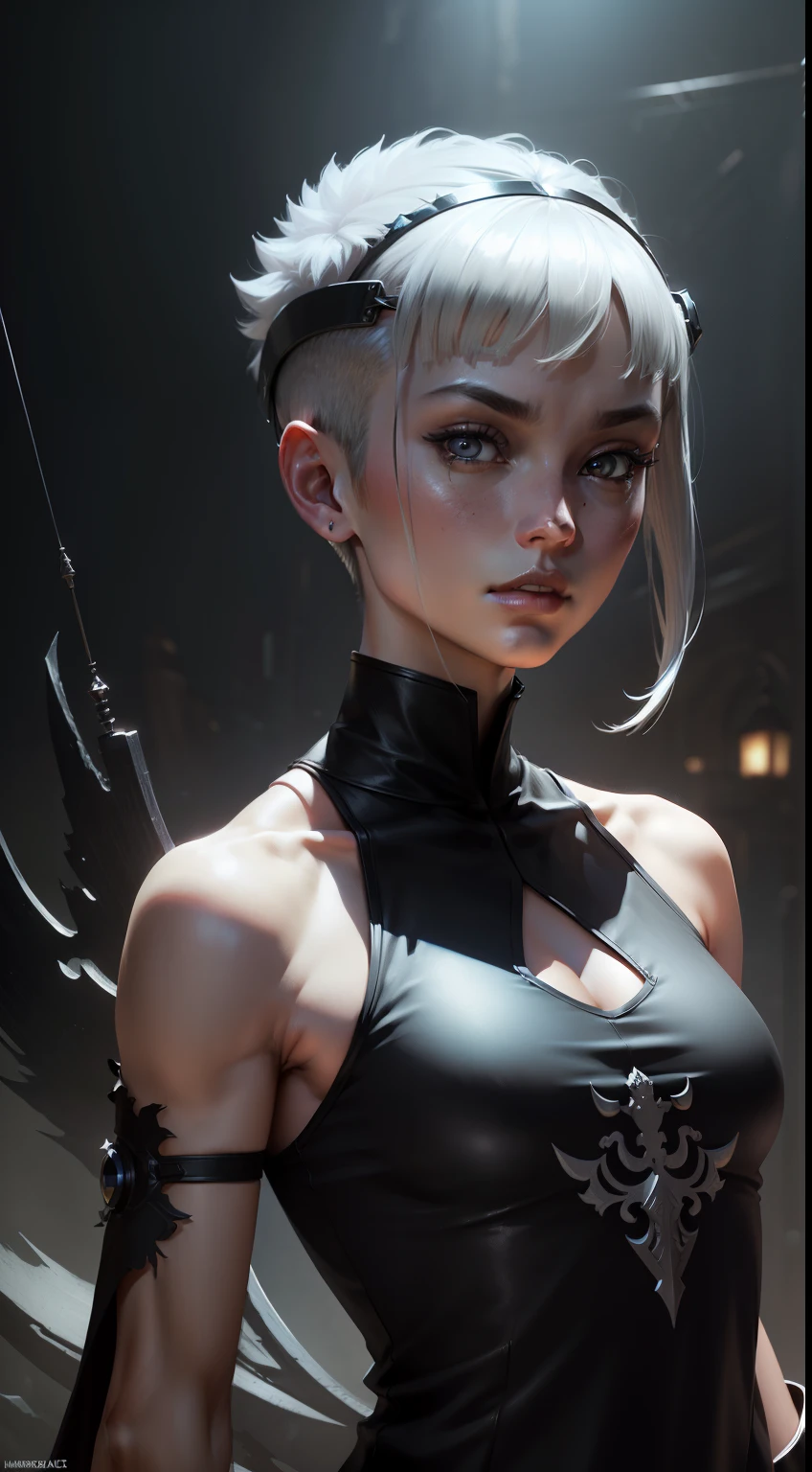 ((angle of view)), 1人, Adult, Slim abs: 1.1, hitman, Standing still, ((Solo)), (Forehead), (buzzcut + Top cut), short length bangs, hair between eye, Short fluffy hair, Silver hair, Serious, Silver eyes, (((black sleeveless top)), (1人), Wide trapeze, bare shoulders, Square chin, ((Black lid with brox)), Dark fantasy, Sieberpunk, ((hyperdetailed face, Cinematic, Ultra detailed, concept-art, Illustration 4D, 16k)), Dynamic lighting, hyper qualit, 4K, realistic model.