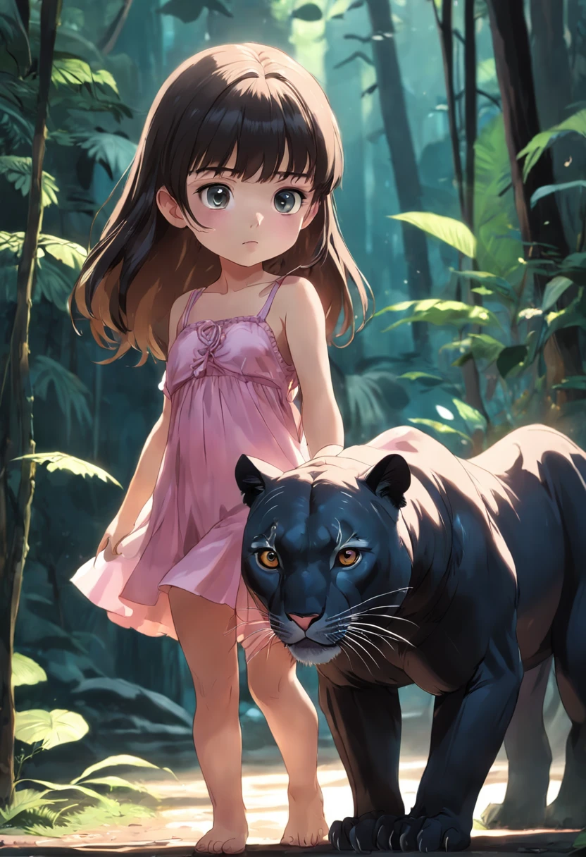 5-year-old baby girl holding a large panther ,in jungle,depth of fields,high light,Real light,Ray traching,OC renderer,UE5 renderer,Hyper-realistic,best qualtiy,8K,Works of masters,super-fine,Detailed pubic hair,Correct anatomy