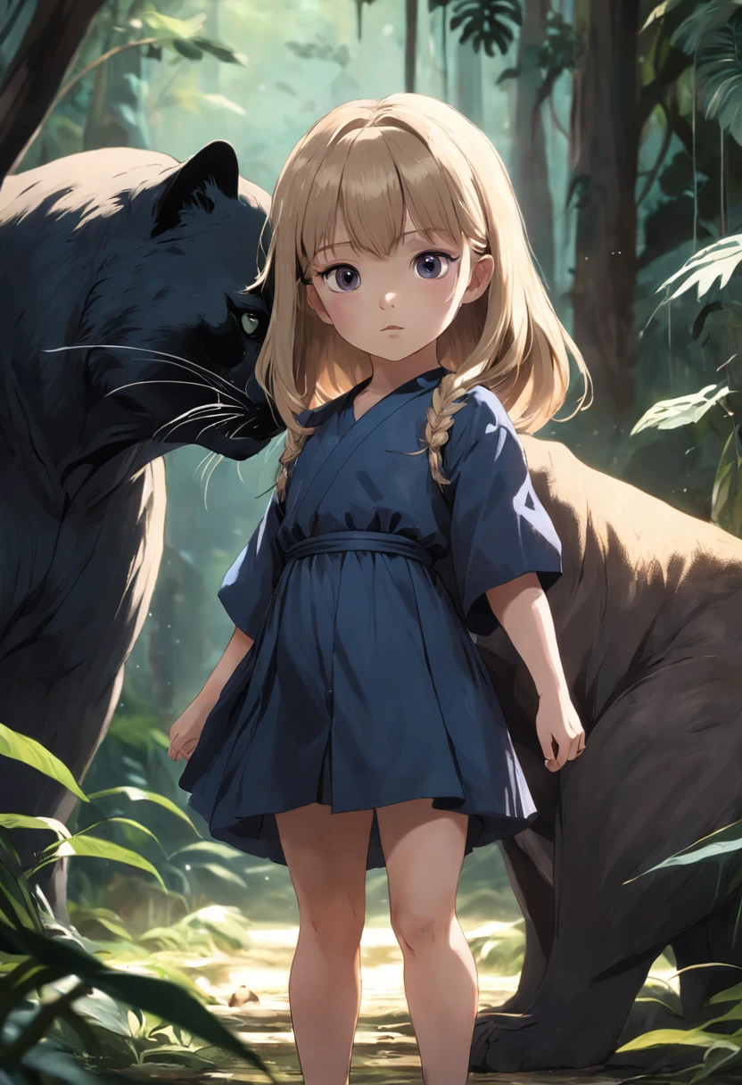 5-year-old baby girl holding a large panther ,in jungle,depth of fields,high light,Real light,Ray traching,OC renderer,UE5 renderer,Hyper-realistic,best qualtiy,8K,Works of masters,super-fine,Detailed pubic hair,Correct anatomy