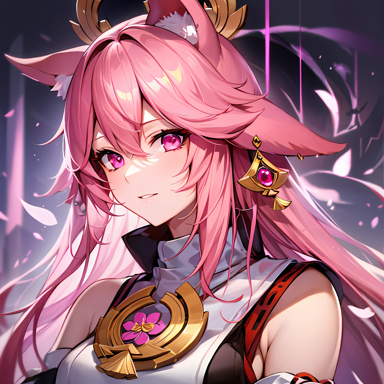 Highly detailed, High Quality, Masterpiece, beautiful, solo, 1girl, ExtraFacesRanni, upper body, yae miko, pink eyes, long hair, pink hair, animal ears,