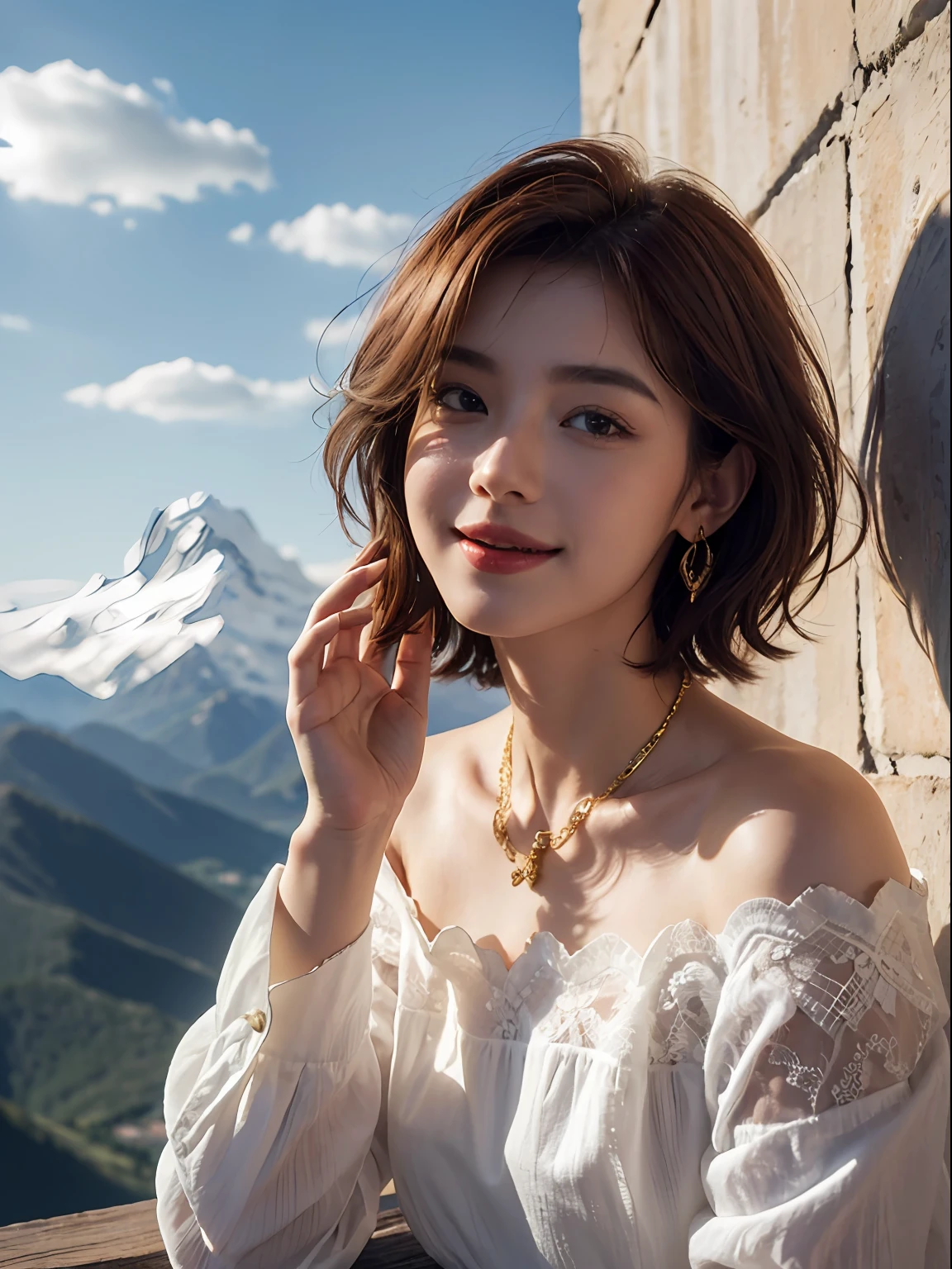 Realism, Surrealist painting, photorealistic realism, (very detailed 8k wallpapers), (extremely delicate and beautiful), (masterpiece), (best quality: 1.5), (ultra resolution: 1.3), detailed skin, ultra-detailed, (short wave hair:1.2), smile, red_hair, breeze, diamond_necklace, full_body, white_off_the_shoulder_shirt_ with_bobo_sleeves, gold_lace, (mountain_top: 1.6), (colorful_clouds), realistic shadows,