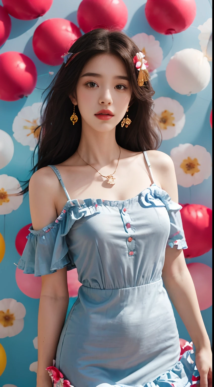 Girl, Solo, jewelry, Long hair, necklace, Earrings, Looking at the audience, Cowboy camera, cropped shoulders, Wavy hair, Bare shoulders, The whole picture is bright, The background is a white wall, Gray eyes, Lips, parted lip, Skirt, Ruffles, (Red dress :1.3), coloredballoons, Blue Red Yellow Balloon, Winnie the Pooh, (Flower background :1.5),