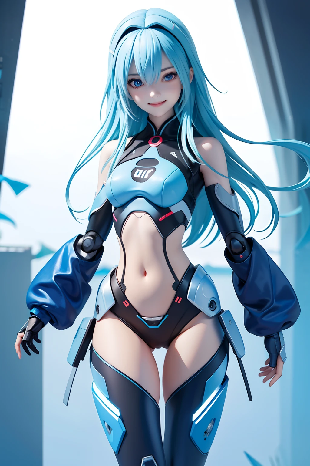 Digital Painting, Digital Illustration, Extreme Detail, Digital Art, 4K, Ultra HD,analyzer、Supporting Female Robots、Cute smiling girl、Excellent brains、tiny chest、Slender figure、Blue body、cheerful personality、