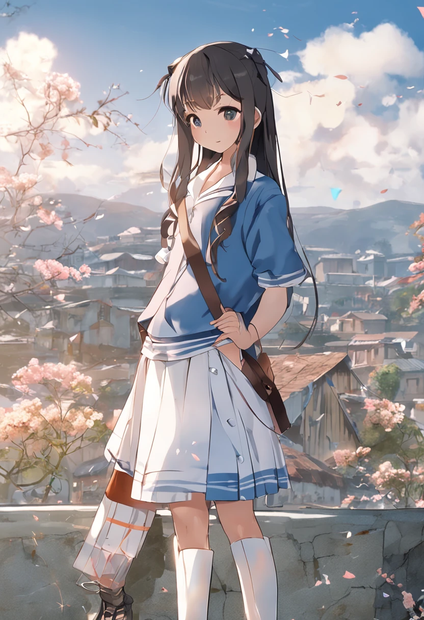 top-quality、extremely delicate and beautiful、teens girl、Soio、、((dark brown hair))、Blue clothes with vertical buttons、Belt at waist、White skirt、(poneyTail))、(white hairband)、(Brown boots)、blue eyess、is standing、A smile、Watching the viewer