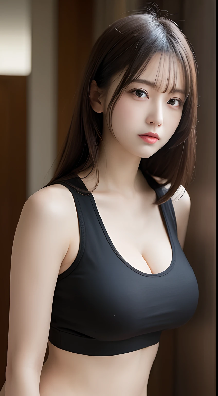 masutepiece, Best Quality, Illustration, Ultra-detailed, finely detail, hight resolution, 8K Wallpaper, Perfect dynamic composition, Beautiful detailed eyes, Natural Lip, Tank Tops, Big breasts, cleavage, Full body, navel-baring, Random sexy poses