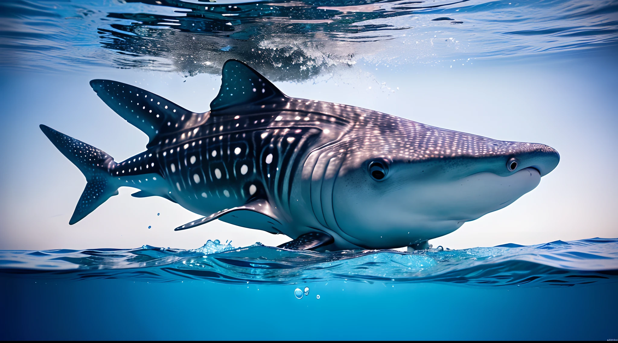 pixar-style,Masterpiece,high qulity,Highest high resolution,Complicated details,Very cute little whale shark,,Swim freely in the sea,Clear, realistic water,Ray traching,realisitic