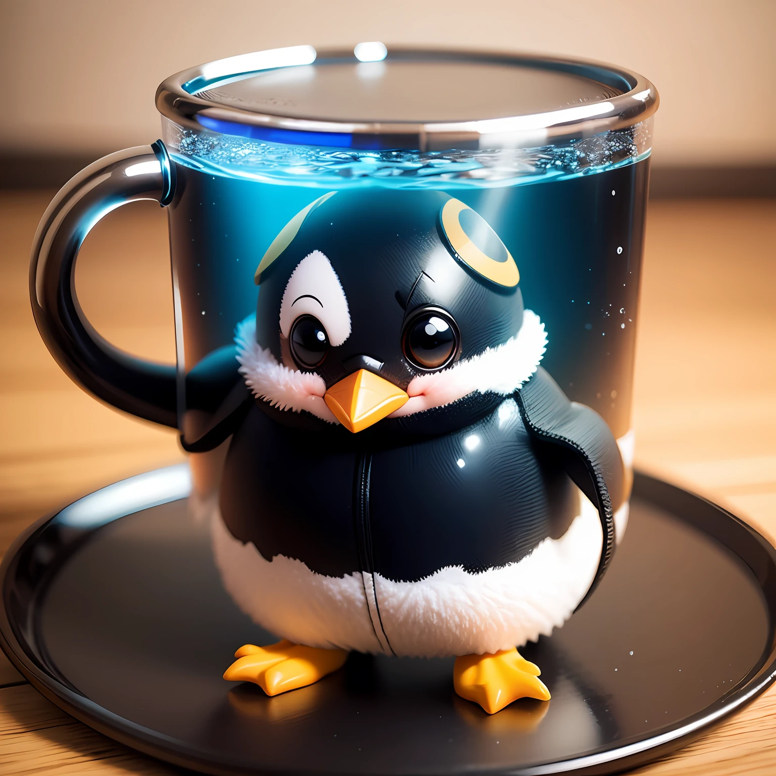 Checkerboard work Chibi 3D wearing penguin costume Chibi is cute and cute,Chibi 3D Inside a Giant Aquarium