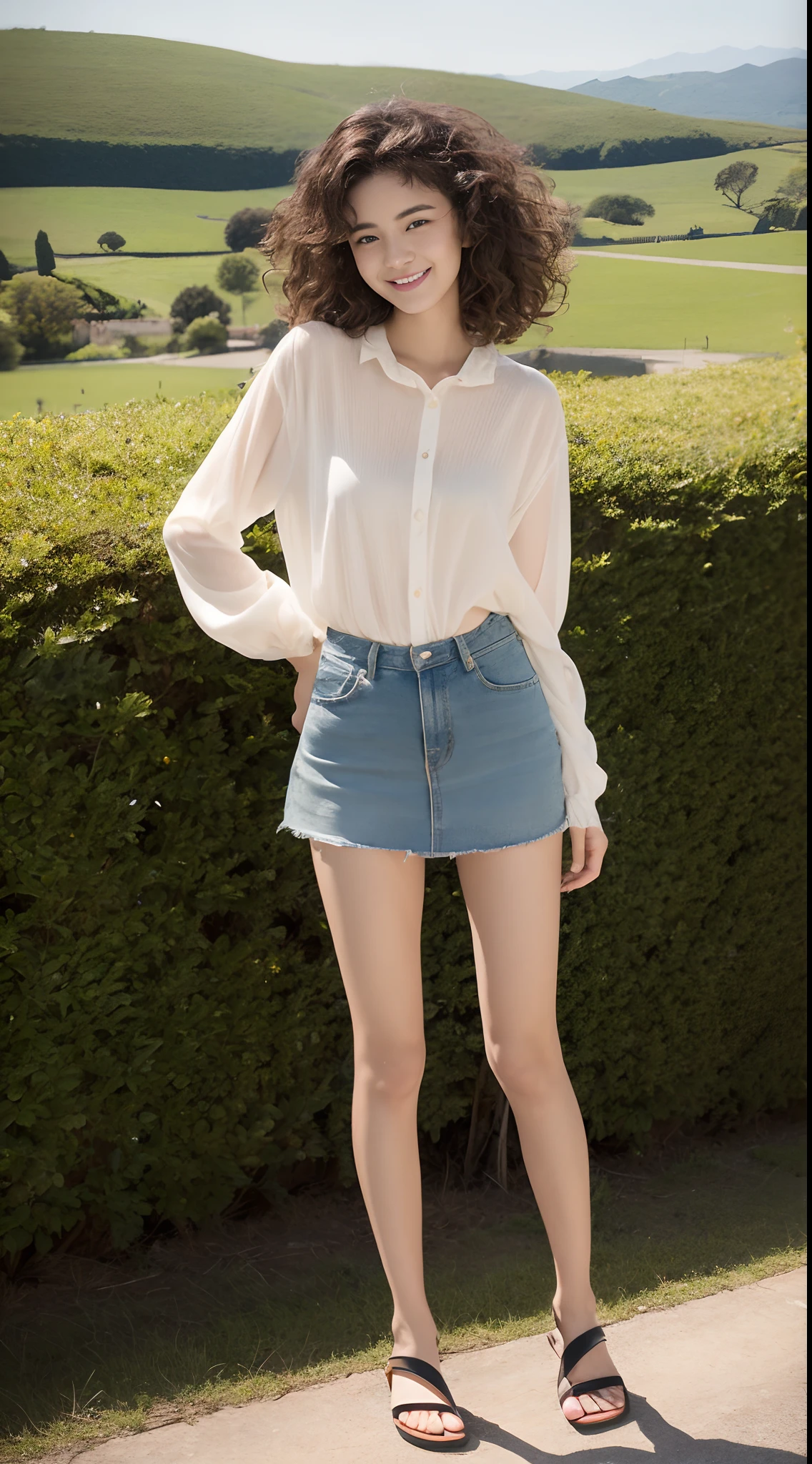 21 year old girl,Smirk,Curly hair,Retro,Beautiful Landscapes、Model body type、Slimed、A slender、beauty legs、Height 171 cm、a small face、realistic skin textures、Fashionable shirts、a miniskirt、sandal