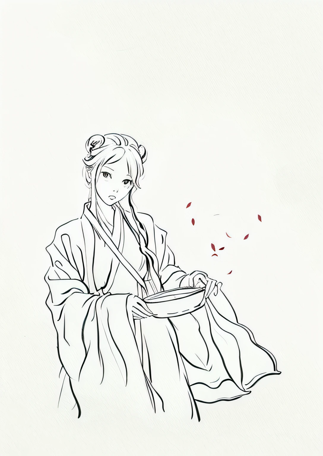 Painting a woman in a dress holding a plate of tea leaves, Palace , A girl in Hanfu, official character illustration, extremely fine ink lineart, Official illustration, perfect lineart, highly detailed exquisite fanart, beautiful line art, traditional drawing style, inspired by Jeong Seon, in the art style of bowater, inspired by Shin Yun-bok, Line sketch,colorful picture