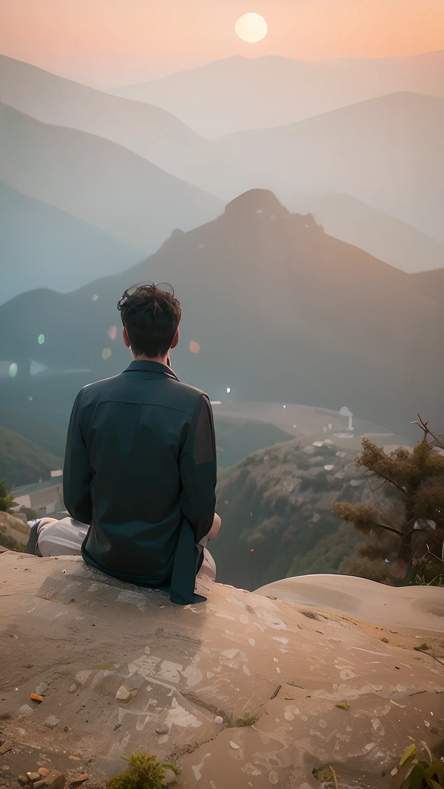 A sad boy, there is a man sitting on a rock looking at the mountains, looking at the mountains, amidst nature, sitting cutely on a mountain, standing in front of a mountain, a wanderer on a mountain, hills in the background, in the distance is a rocky hill, on top of a mountain, chill time. good view, at the top of a mountain drak view with stars