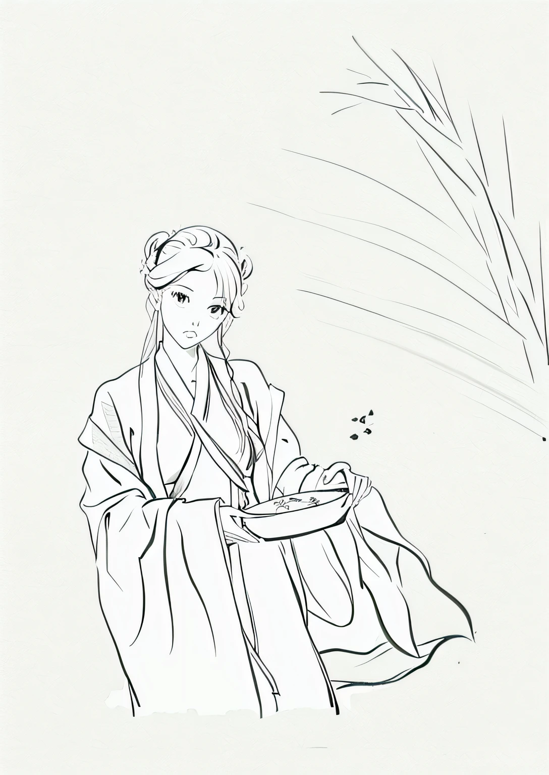 Painting a woman in a dress holding a plate of tea leaves, Palace ， A girl in Hanfu, official character illustration, extremely fine ink lineart, Official illustration, perfect lineart, highly detailed exquisite fanart, beautiful line art, traditional drawing style, inspired by Jeong Seon, in the art style of bowater, inspired by Shin Yun-bok, Line sketch，colorful picture