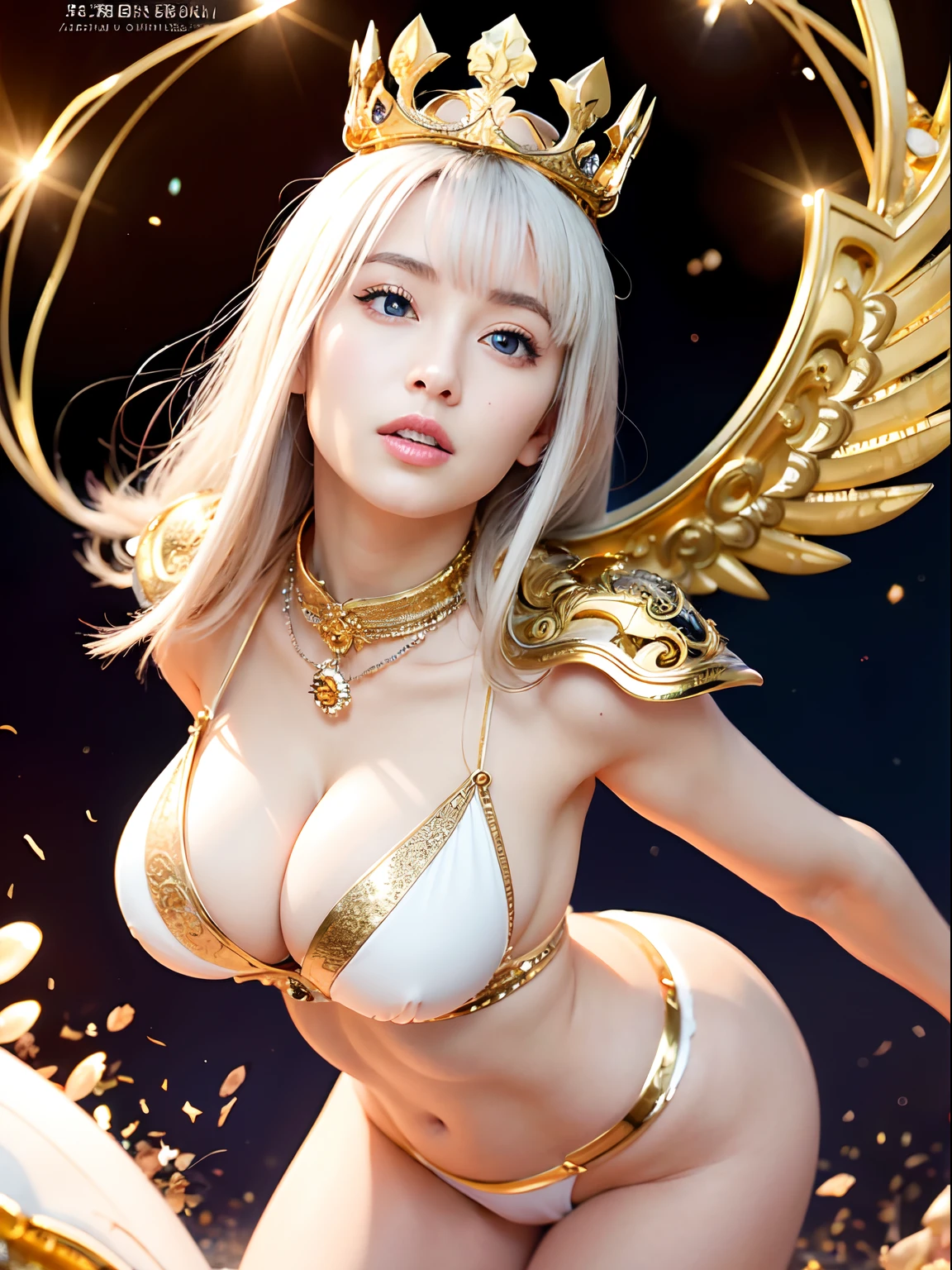 (masutepiece), Professional , masterpiece、top-quality、photos realistic , depth of fields (Gemstone White Metal Body:1.9),(Matte White、Jewel Gold Weapon(Jewel Metal Body:1.4),Gorgeous metal weapons ,(( Detailed and gorgeous sword of the brave)) , Beautiful knife ,warhammer 40k , adepta sororitas,Detail and ornate jewel crown、((Micro Bikini Armor))、((Gangle's forest background))、Beautiful Caucasian beauty、1a person、dynamic ungle,(((Detailed and ornate diamond crown)))、Smaller head、A smile、Background inside the castle、Thin and beautiful female hands、cleavage of the breast、Soldier in iron armor on background、Mystical expression、Light Effects、intense fighting、Wind-effect、magic circles、With the legendary magic wand、(wings of light)、Toostock、Anatomically correct body、