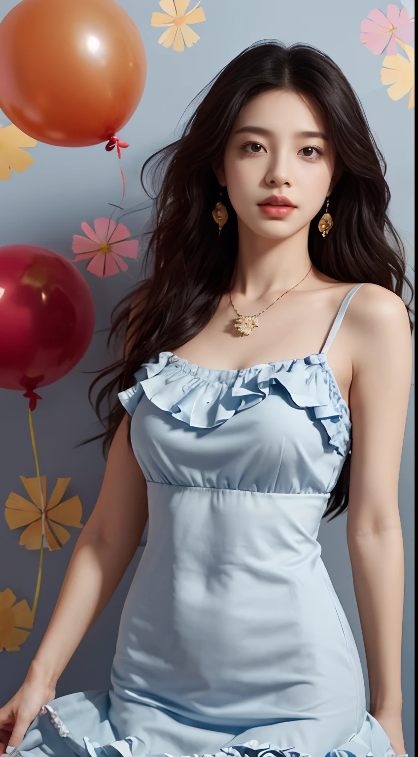 Girl, Solo, jewelry, Long hair, necklace, Earrings, Looking at the audience, Cowboy camera, cropped shoulders, Wavy hair, Bare shoulders, The whole picture is bright, The background is a white wall, Gray eyes, Lips, parted lip, Skirt, Ruffles, (Red dress :1.3), coloredballoons, Blue Red Yellow Balloon, Winnie the Pooh, (Flower background :1.5),