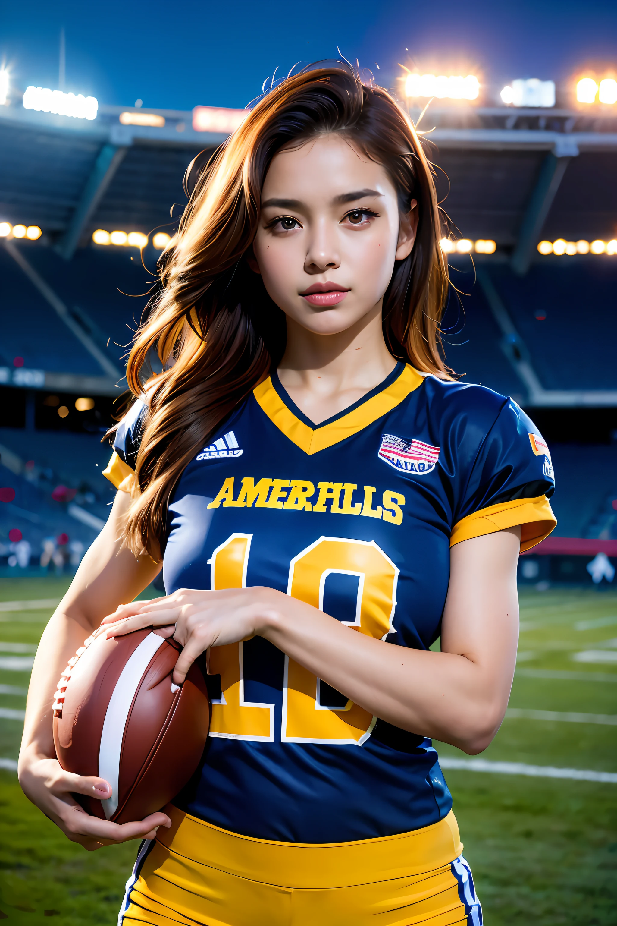 a woman playing american football, (wearing football_uniform:1.3), 
good hand,4k, high-res, masterpiece, best quality, head:1.3,((Hasselblad photography)), finely detailed skin, sharp focus, (cinematic lighting), night, soft lighting, dynamic angle, [:(detailed face:1.2):0.2],(((inside_stadium))),