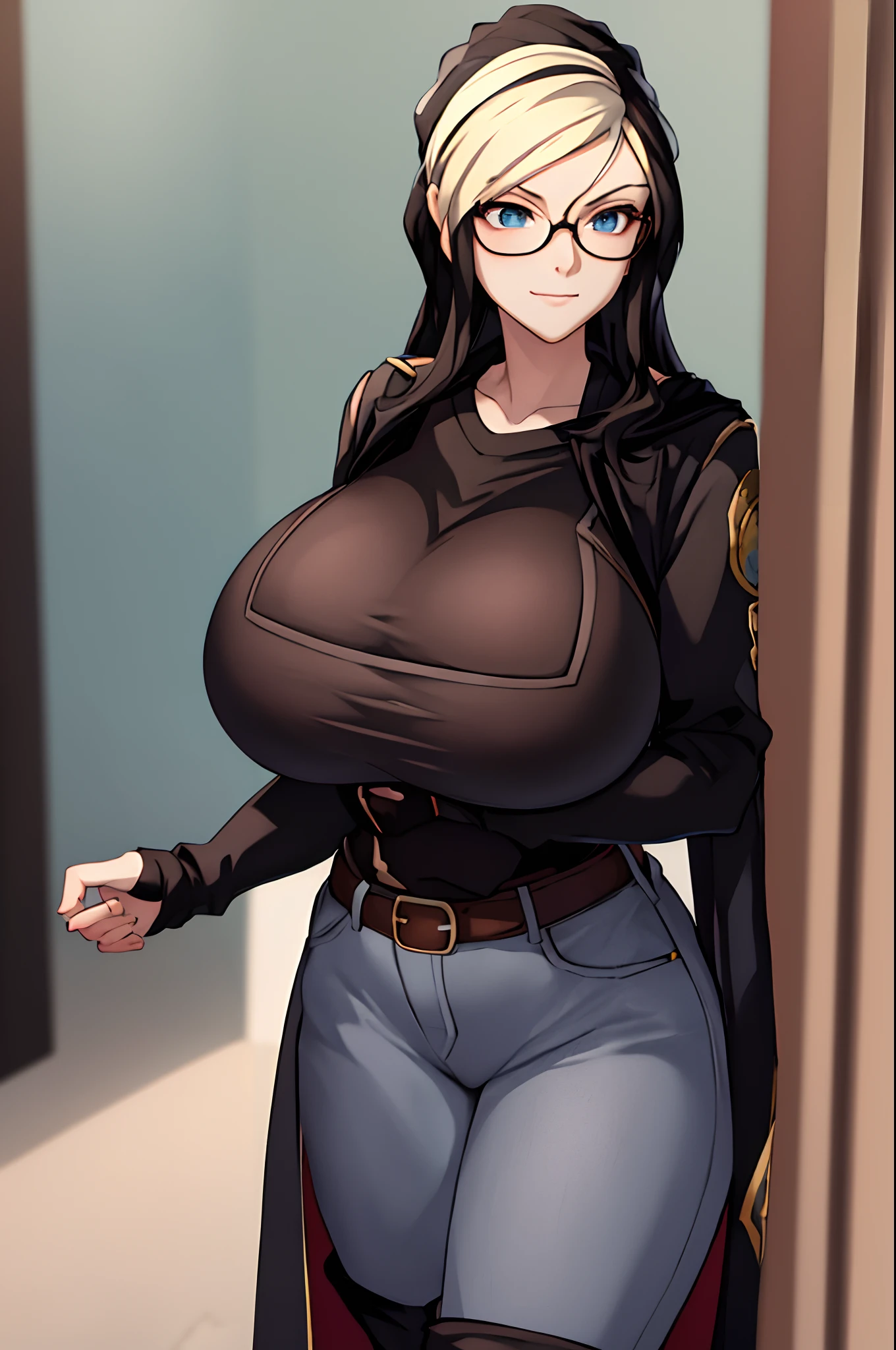 masterpiece, high quality, best quality, 1girl, (muscular female:1.0), (super gigantic breasts:1.0), (closed mouth, half smile), tilda, black hair, long hair, white hair, multicolored hair, blue eyes, glasses, (black compression shirt:1.5), blue pants, black thigh-high boots, (brown overcoat:1.5), black belt with gold buckle, anime screencap, anime key visual, (fully clothed:1.0), full body