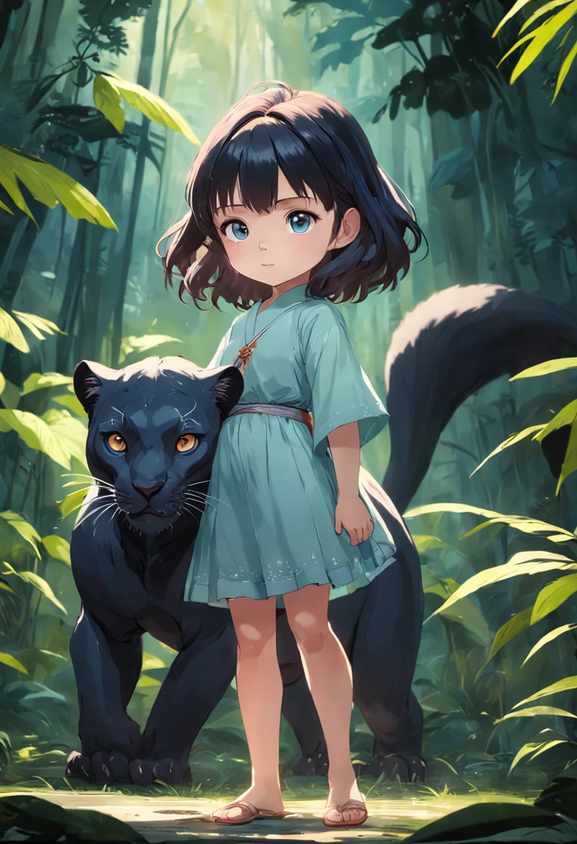 5-year-old baby girl holding a large panther ,in jungle,depth of fields,high light,Real light,Ray traching,OC renderer,UE5 renderer,Hyper-realistic,best qualtiy,8K,Works of masters,super-fine,Detailed pubic hair,Correct anatomy