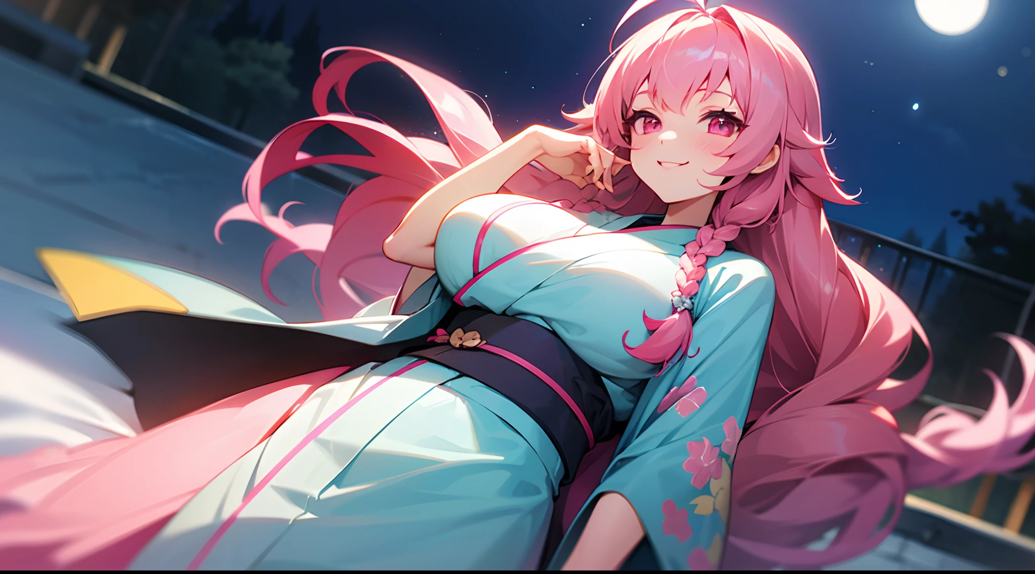 1 girl, game CG, floral blue kimono, gigantic breasts, pink hair, long hair, braids, princess hairstyle, ahoge, pink eyes, night, smile,
