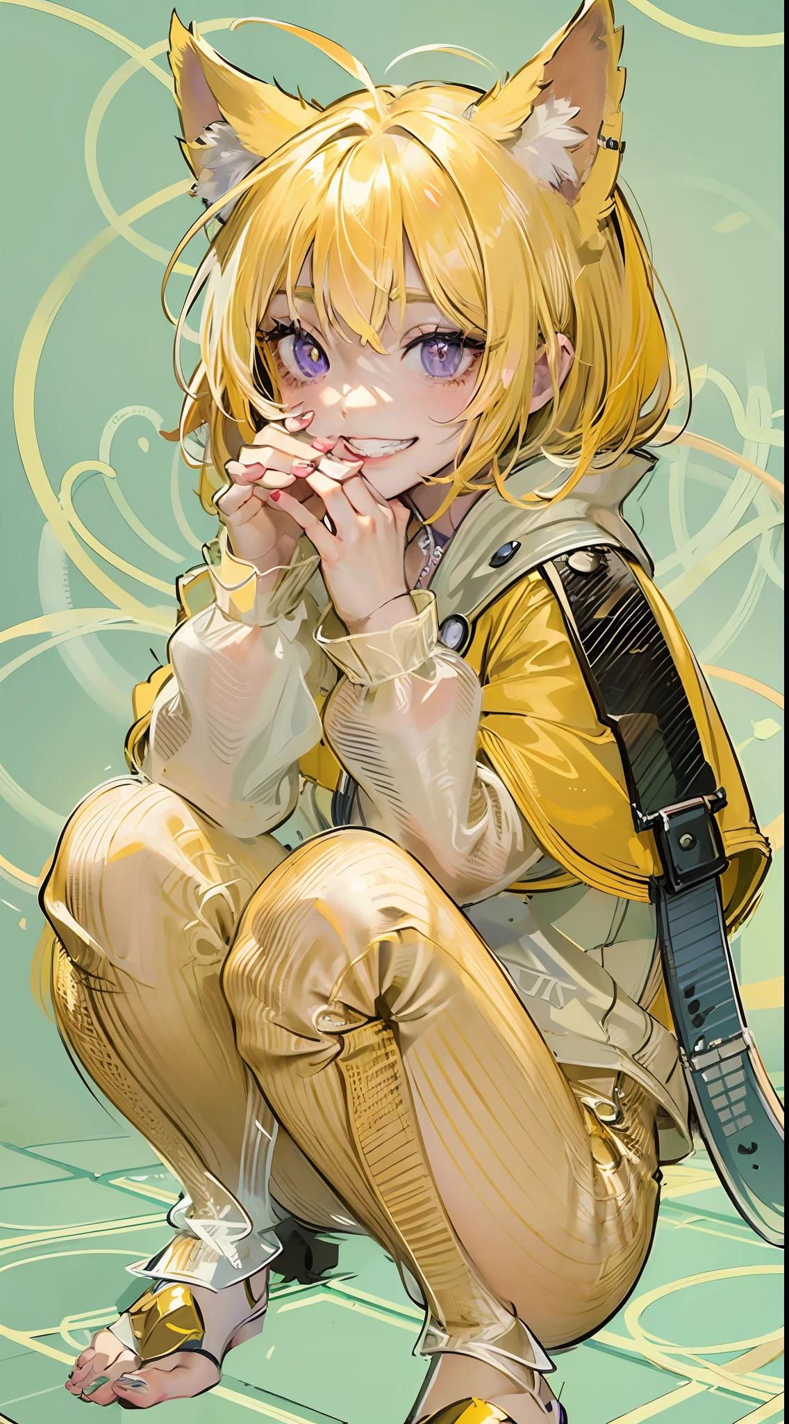 yellow hair, big cuspid, neuter gender, slit pupils, Purple eyes, cat hands and feet, on all fours, yellow clothing, indoors, bob cut, cat ears, covering ears, grin, anime style, depth of field, from above, UHD, masterpiece, anatomically correct, textured skin, super detail