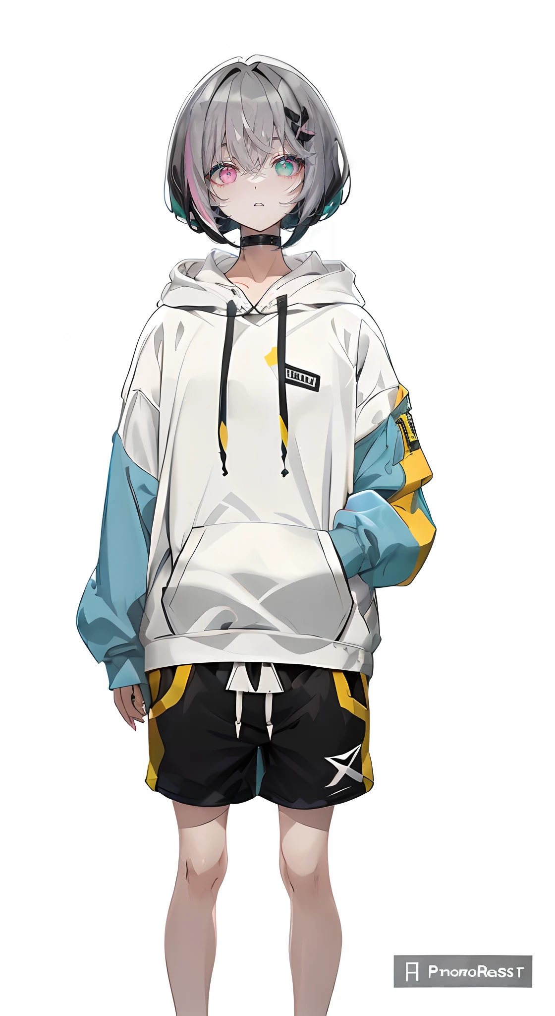 (top-quality、​masterpiece)(((Overfit Hoodie))、shortpants、Bob Hair、white black hair、A black、verdant、pink there、is standing、frontage、[[Mild heterochromia]]、White background、Alone