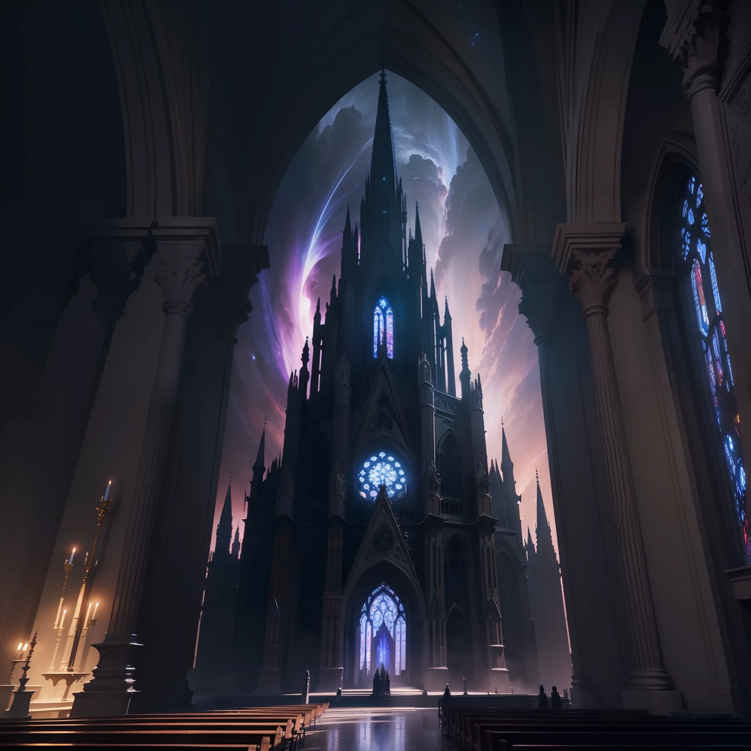 Cathedral in space, Sharp shots, 70mm lense, Evil and darkness, Unreal Engine 5, the wallpaper, Colorful, Highly detailed, 8K, Cinematic light,  photograph realistic，"Du Weiga" appears in the picture，"Du Weiga" appears in the picture