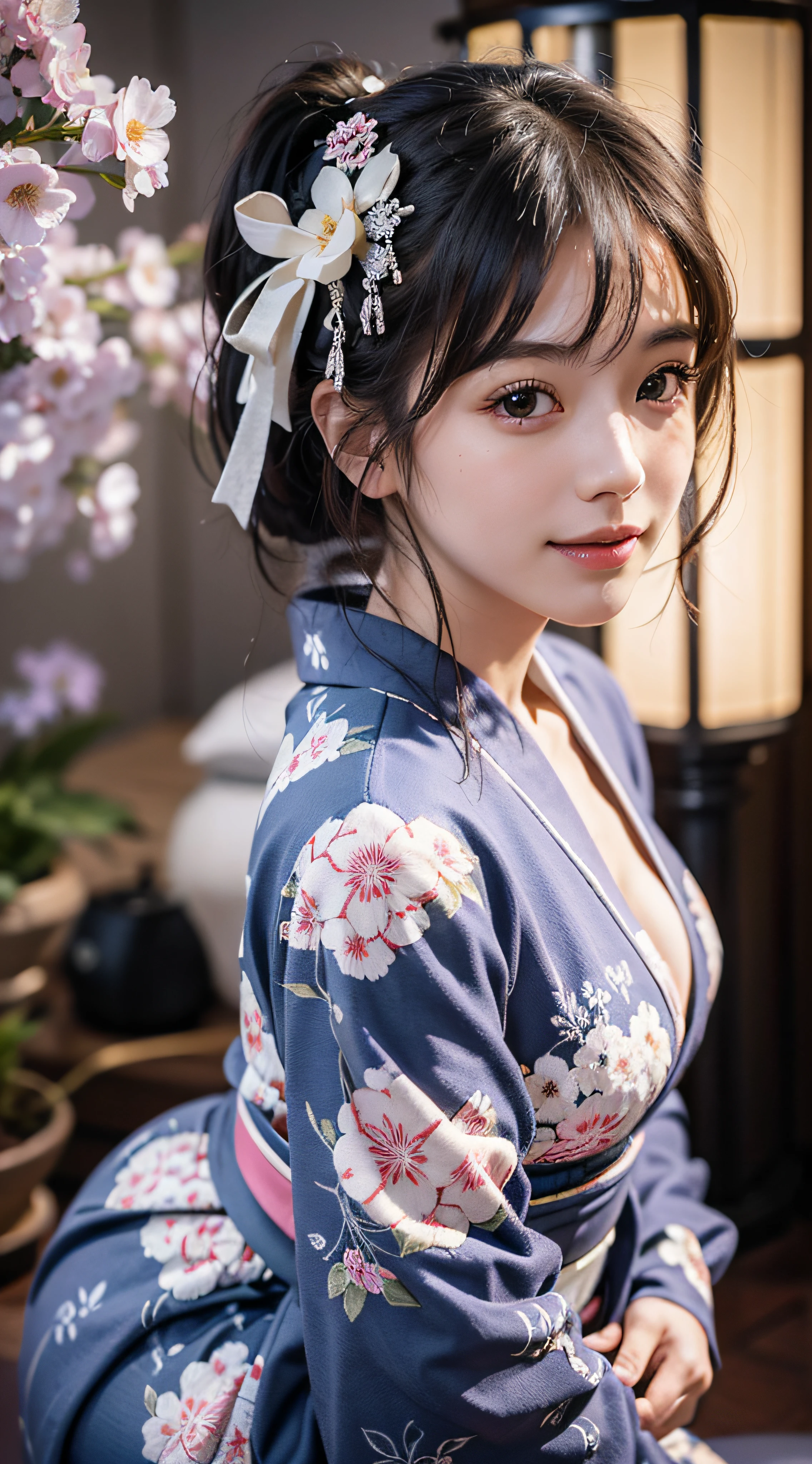 (Photorealsitic:1.4), (Top image quality:1.0), (超A high resolution:1.0), 8K, Raw photography, (​masterpiece:0.2), (pureerosface_v1:0.5)、(Best Quality Detail:1.2)、realisitic、8K UHD、hight resolution、(1girl in:1.2)、The ultra-detailliert、High quality textures、intricate detailes、detaileds、Very detailed CG、High quality shadows、Detail Beautiful delicate face、Detail Beautiful delicate eyes、depth of fields、Ray traching,1girl in, japanaese girl, Cute, slender, Black kimono, Kimono with Japanese pattern,Floral scrunchie, Beautiful skin, Facing the front,Sit down, Sit upright and say thank you,Align your hands elegantly,Smile faintly The Land of Japan,Japanese garden,Luxury Japanese-style room, skyporn, Magic Hour, (Realistic:1.3), Finely detailed, quality, (masutepiece:1.2), (Photorealistic:1.2), (Best Quality), (Intricate details), Dramatic, Ray tracing, photograph, +Lola