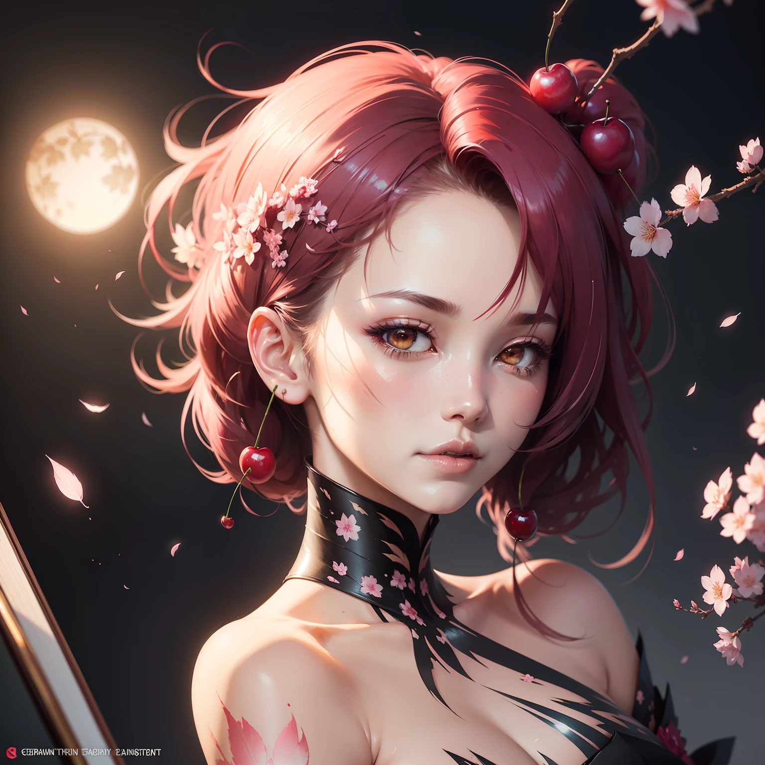 Single cherry blossoms, Beautiful, elegant, Centered, nearing perfection, Dynamic, Moonlight, Highly detailed, Digital painting, art  stations, concept-art, smooth, Sharp focus, illustration, Art by Carne Griffiths and Wadim Kashin