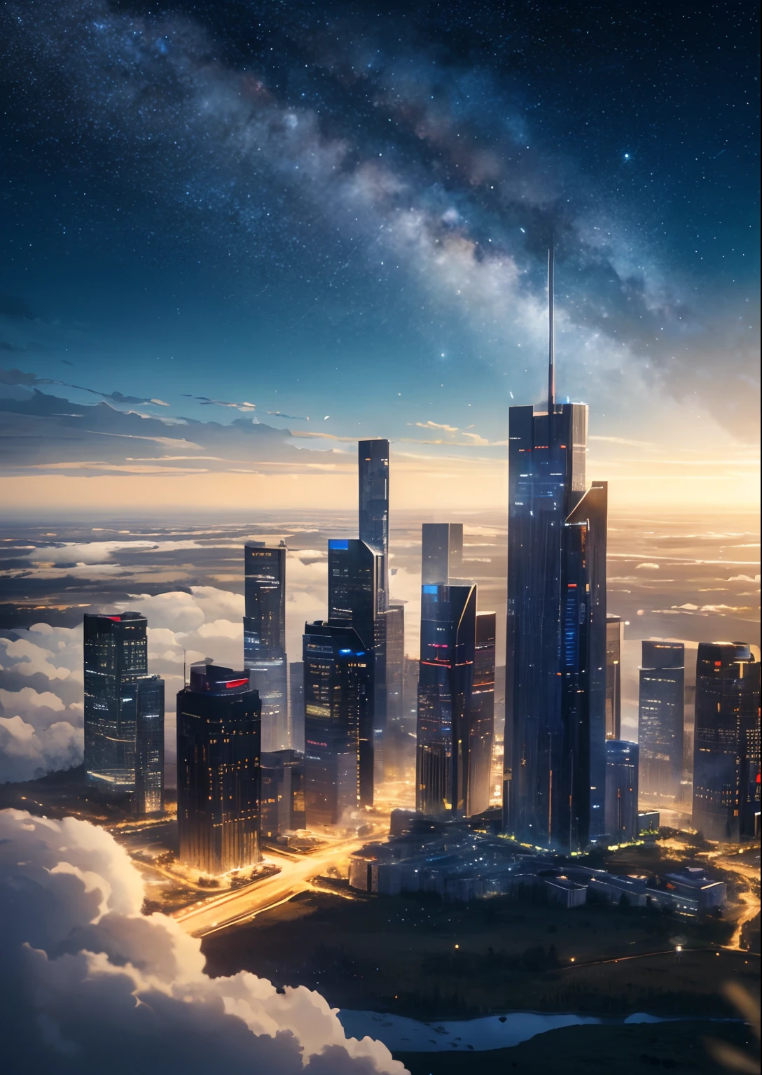 The vast sky, beautiful skyline, large grasslands, extremely tense and dramatic pictures, moving visual effects, the high-hanging Polaris, and colorful natural light, There are Russian buildings on the ground, starry dawn, full stars on dawn sky, clouds