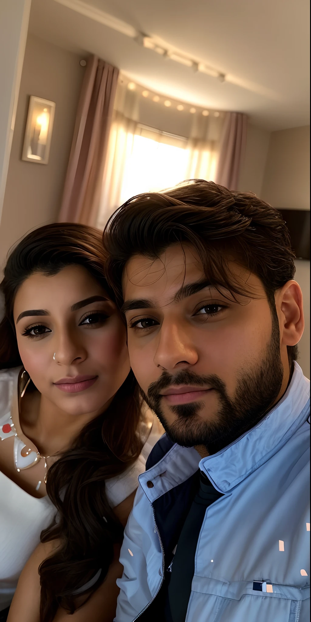 there is a man and woman posing for a picture in a living room, profile pic, profile image, lovely couple, facebook post, ghutra and egal, in love selfie, very very low quality picture, male and female, profile picture, profile picture 1024px, portait photo profile picture, 8k selfie photograph, without beard, selfie photo