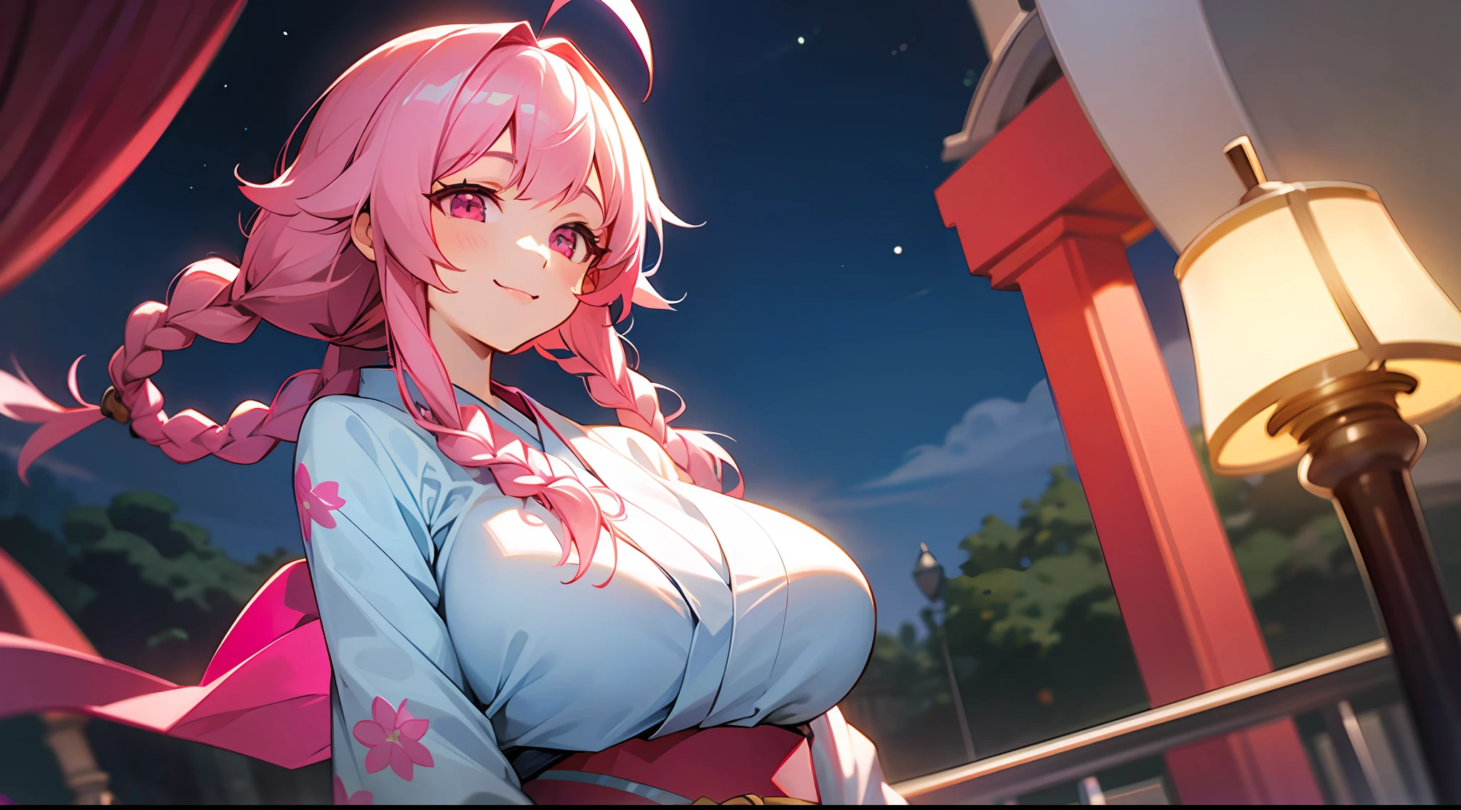 1 girl, game CG, floral blue kimono, gigantic breasts, pink hair, long hair, braids, princess hairstyle, ahoge, pink eyes, night, smile,