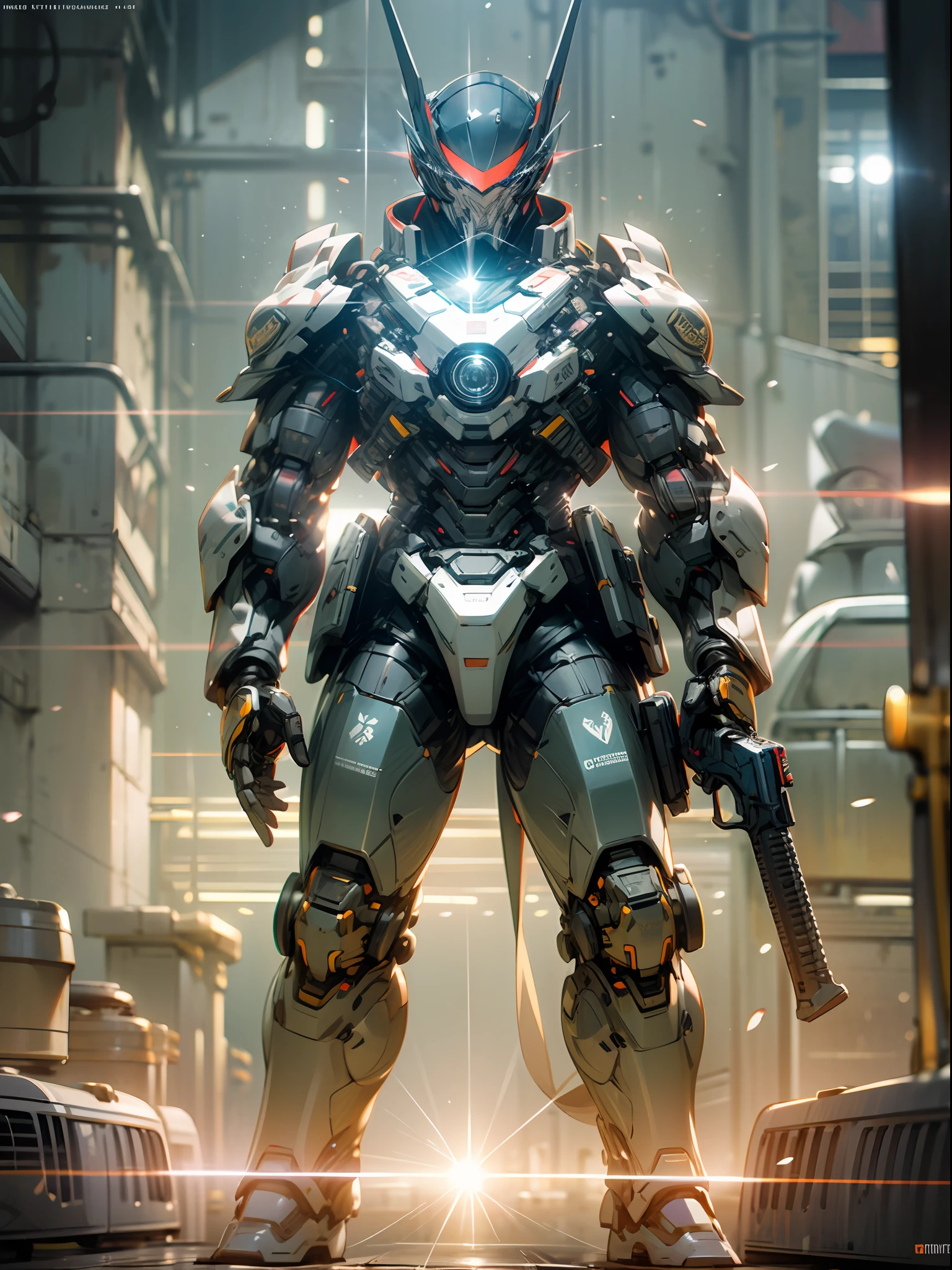 Mechanical police judge standing in front of police car,Police badge,Armed with a police gun,Highly complex armor,hyper realisitc, rendering by octane,(tmasterpiece,best qualtiy),Ultra-detailed 8K,realisticlying,Clear focus,highly detailed,profesional lighting,(lens flare glow:1.2),
