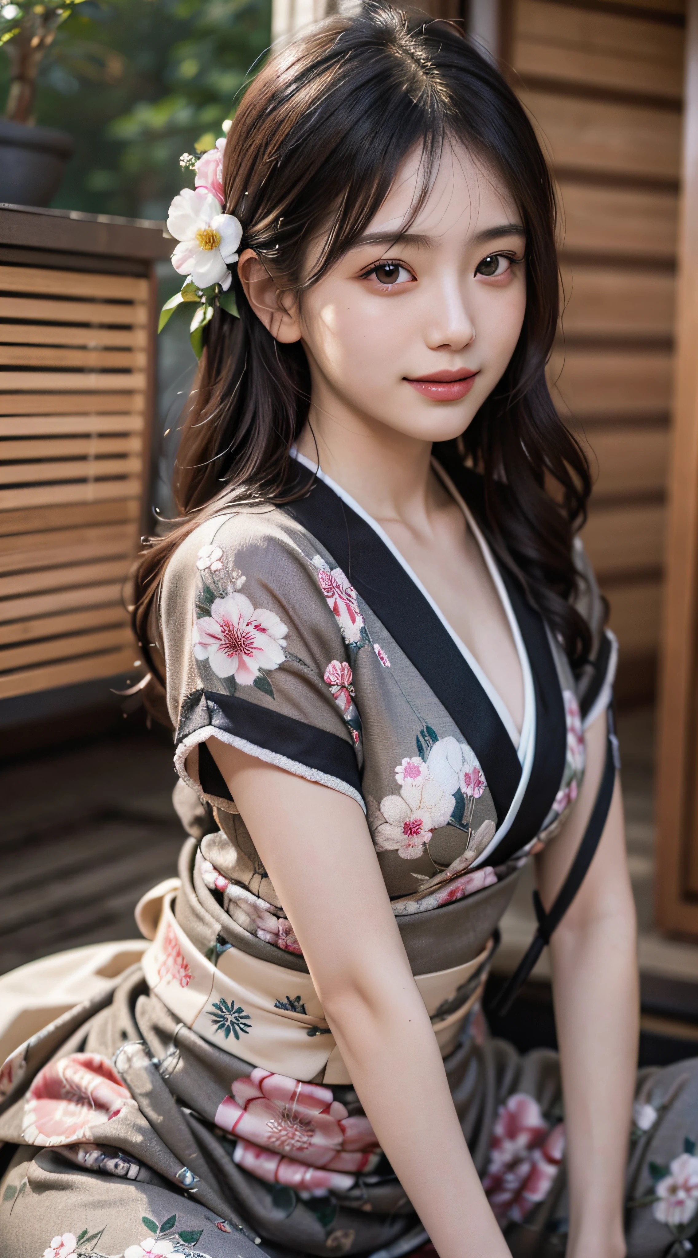 (Photorealsitic:1.4), (Top image quality:1.0), (超A high resolution:1.0), 8K, Raw photography, (masterpiece:0.2), (pureerosface_v1:0.5)、(Best Quality Detail:1.2)、realisitic、8K UHD、hight resolution、(1girl in:1.2)、The ultra-detailliert、High quality textures、intricate detailes、detaileds、Very detailed CG、High quality shadows、Detail Beautiful delicate face、Detail Beautiful delicate eyes、depth of fields、Ray traching,1girl in, japanaese girl, Cute, slender, Black kimono, Kimono with Japanese pattern,Floral scrunchie, Beautiful skin, Facing the front,Sit down, Sit upright and say thank you,Align your hands elegantly,Smile faintly The Land of Japan,Japanese garden,Luxury Japanese-style room, skyporn, Magic Hour, (Realistic:1.3), Finely detailed, quality, (masutepiece:1.2), (Photorealistic:1.2), (Best Quality), (Intricate details), Dramatic, Ray tracing, photograph, +Lola