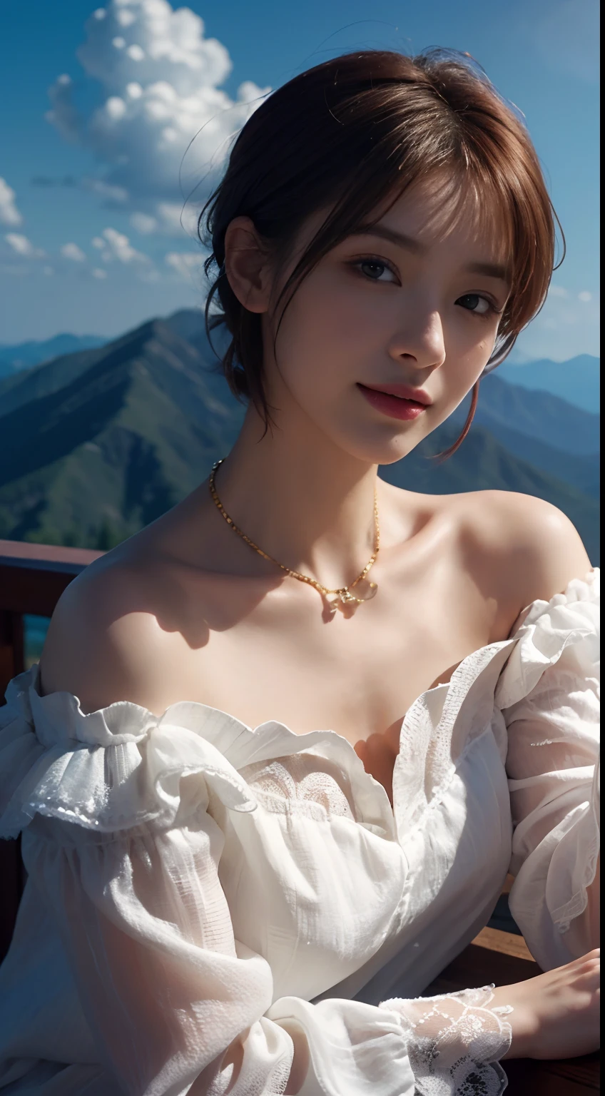 A close up of a woman in a white dress sitting on a bench - SeaArt AI