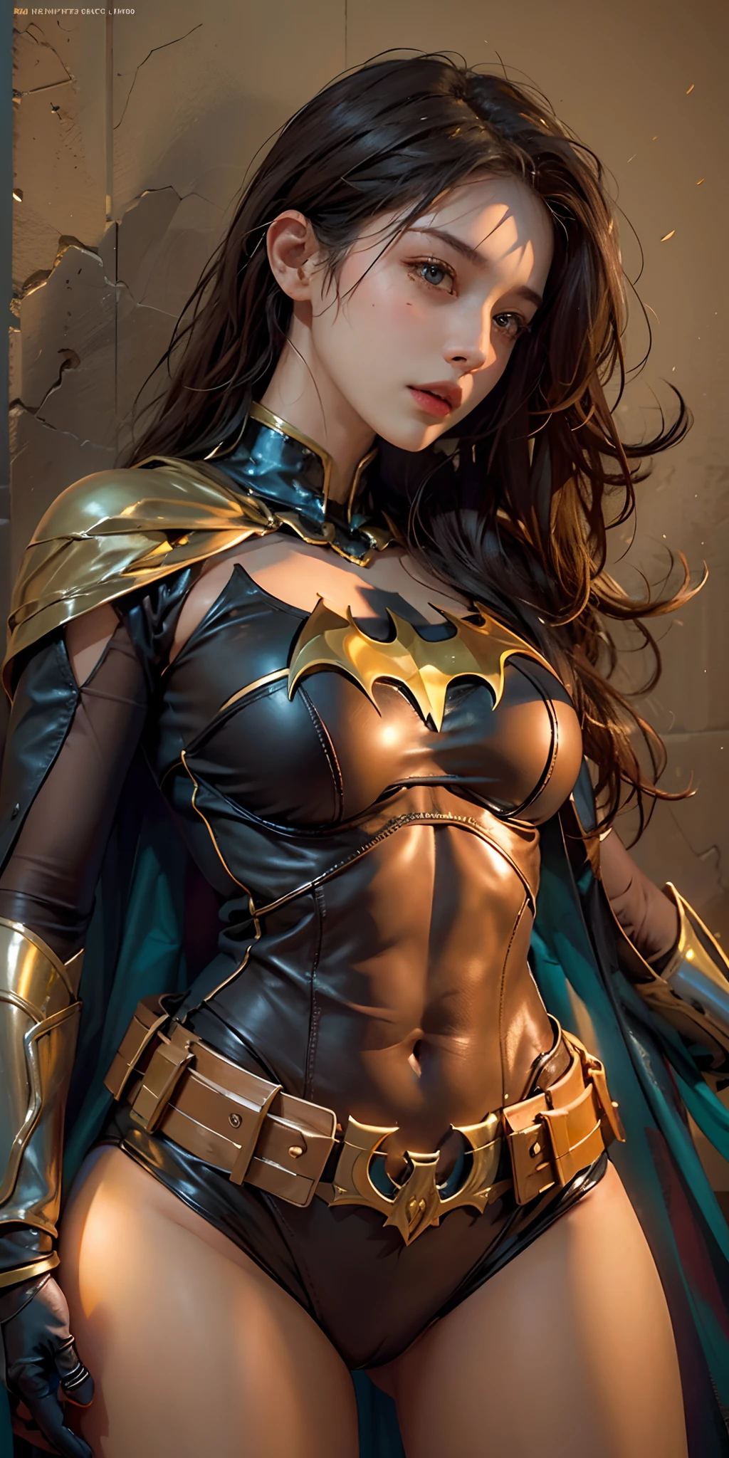 photorealistic, high resolution, soft light,1women, solo, hips up, shining skin, (detailed face), batgirl costume, jewelry, tattoo