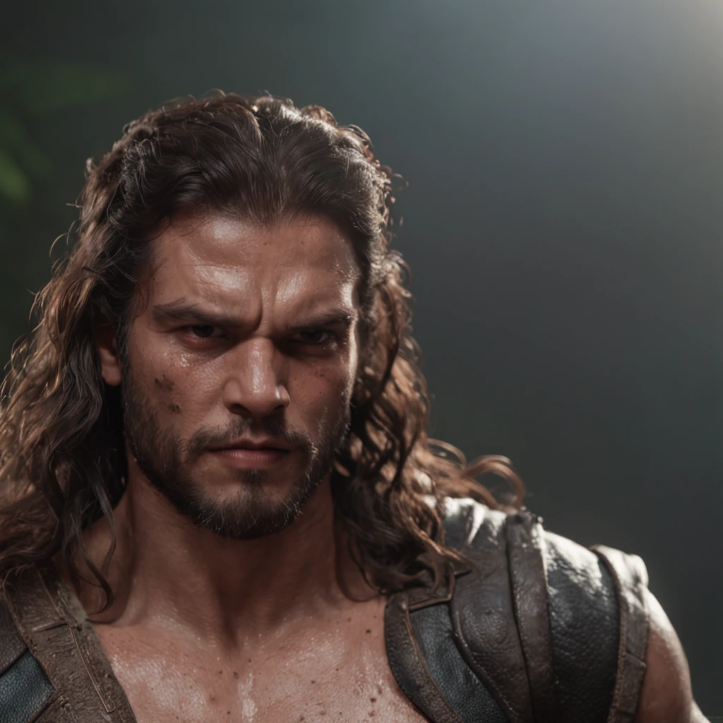 (Professional 3D rendering:1.3) de (Realistic:1.3) foto de arte mais bonita do mundo,Gross characteristics, jaguarhomem masculino, ((epic rough fantasy jaguar strong man, jaguar man look angry long hair and fierce expression in dynamic pose, peludo, werejaguar, fantastic location, majestoso ambiente desordenado)), corpo inteiro 8k unidade render, action shot, poros da pele, very dark lighting, sombreamento pesado, circunstanciado, rosto detalhado, (Vibrando, Fotografia realista, Realistic, Dramatic, Escuro, foco nítido, 8k), (Roupas de couro velhas danificadas pelo mau tempo:1.4), ((((Use peles)))), (intrincado:1.4), decadente, (altamente detalhado:1.4), Pintura digital, rendering by octane, art stations, conceito-arte, liso, foco nítido, illustration, germe da arte, (Loish:0.23), Wlop Ilya Kuvshinov, e greg rutkowski e alphonse mucha gracias, (global ilumination, luz da lua, light volumetric), chuva forte, floating particles, patife, fantasia, Nosso, Corpo inteiroesbiano, ((Fundo escuro e antigo da cidade:1.3)),CGSesociedade,art stations