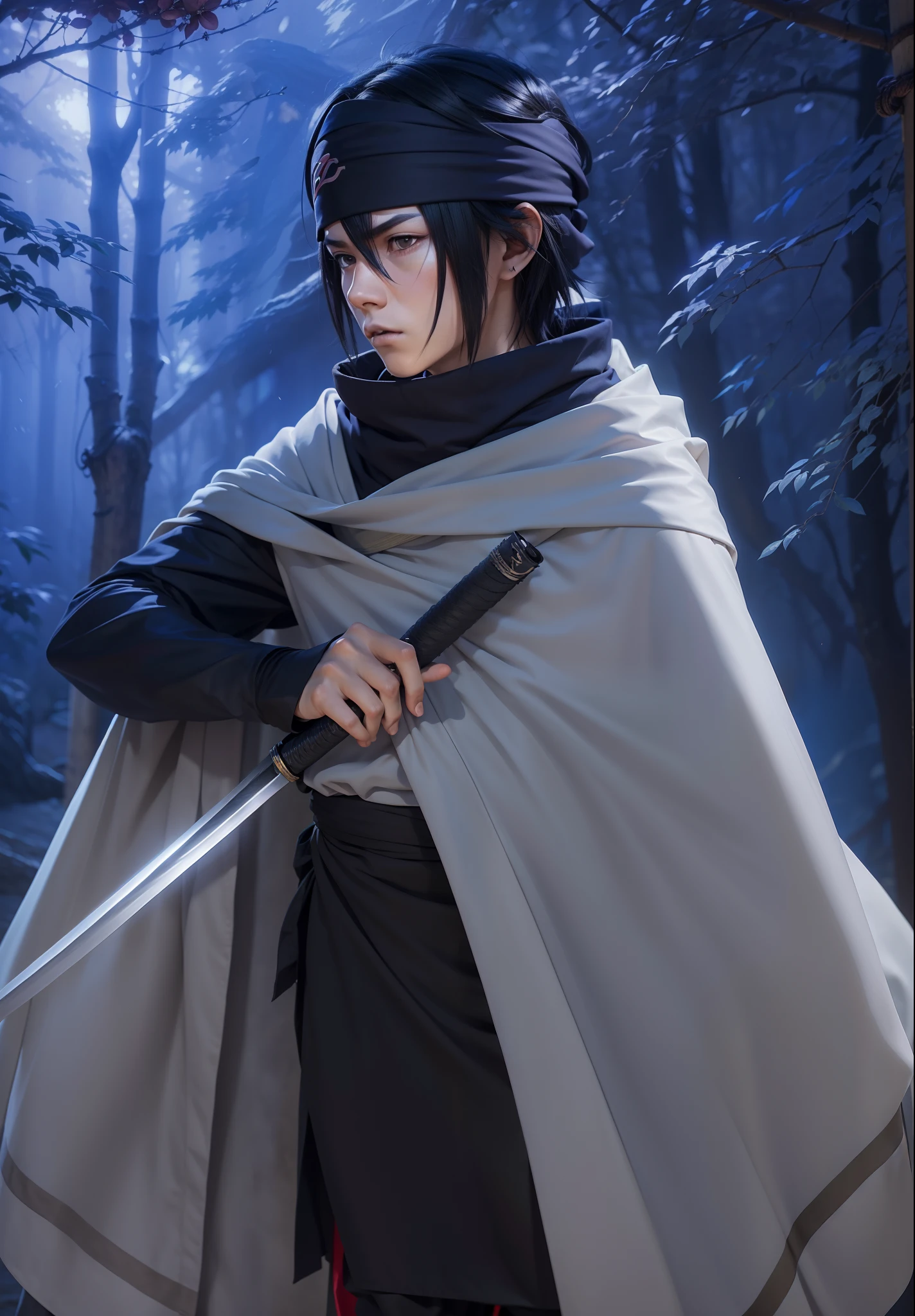 1boy, a real life adaption of this character, his name is Sasuke uchiha , using cloak ,holding realistic katana, wear realistic bandana, ultra realistic, realistic hair ,realistic face ,detail eyes, realistic lighting, realistic shadow,hyper realistic, realism, japanase boy face realistic,realistic outfit