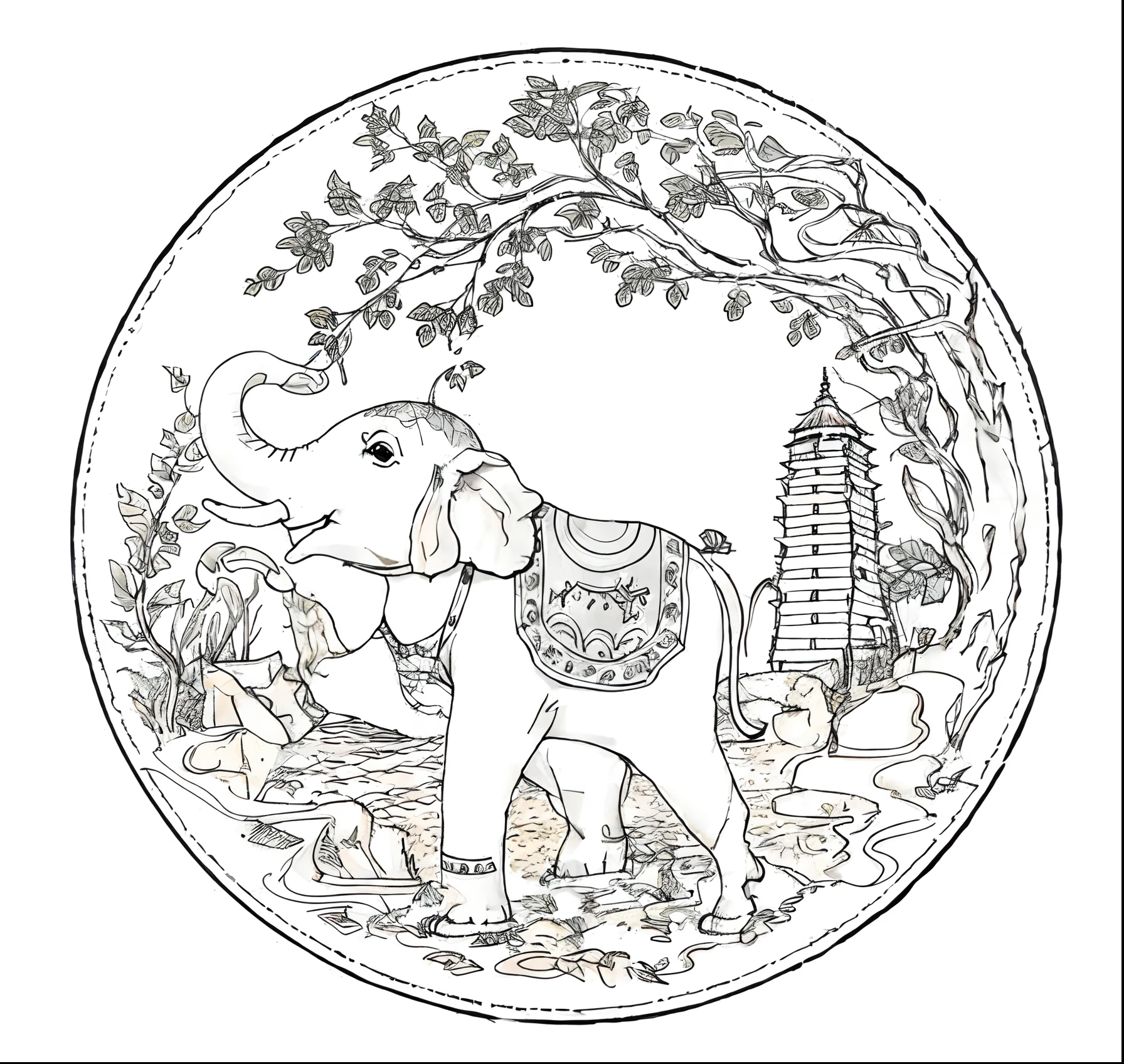 Black and white drawing of an elephant in a circular frame, detailed intricate illustration, Impressions of Yunnan, Coloring book outline, highly detailed linework, coloring page, intricate detailed illustration, extremely detailed linework, intricate details illustration, intricate illustration, an elephant king, detailed linework, black and white detail rich, coloring page, intricate line drawing, iintricate,detail-rich