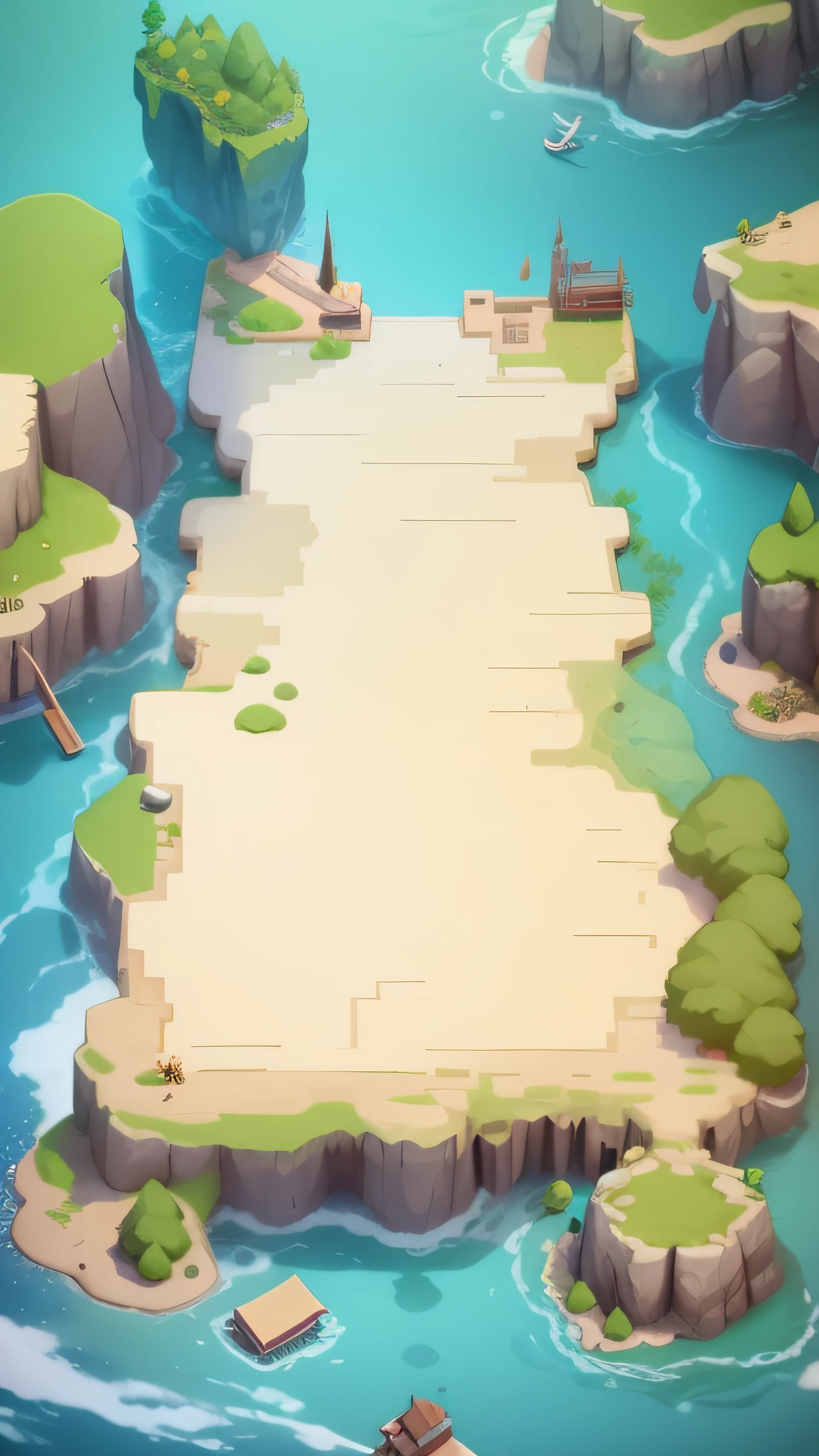 Reference to the art style of the game Soundfall,Design a battle island in the sea,A square battle platform similar to the Battle of the Golden Shovel,Map the daytime atmosphere。atmosphere,Terrain,buliding