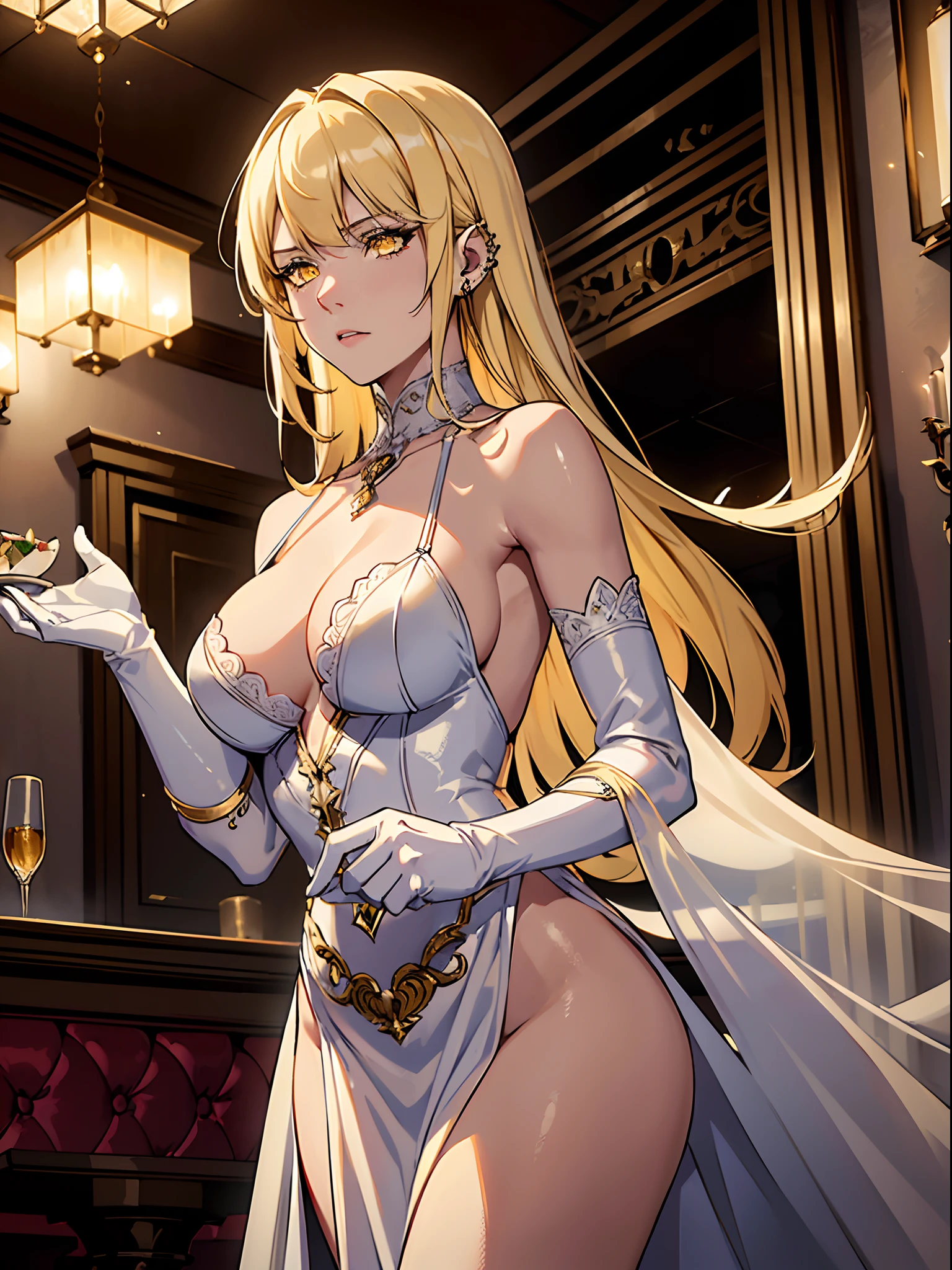 (masterpiece, best quality, ultra detailed, HDR, intricate, delicate,), 1girl, long blonde hair, bangs, yellow eyes, glowing eyes, detailed eyes, seductive expression, white dress, pelvic_curtain dress, black gloves, big chest, piercings, in a restaurant, sensual pose, dynamic angle, cinematic effect, real lighting, bad-girl, mature female