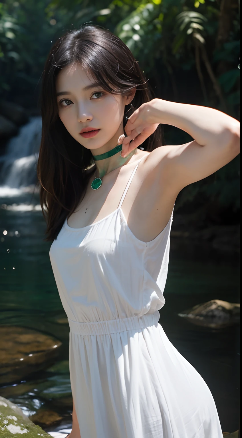 [(white backgrounid:1.4)::5], Dynamic Angle, Original, Additional Detail,(Ultra-detailed),illustration,(Extremely detailed Cg Unity 8K wallpaper), Perfectcomposition ,Intricate details, (Colorful:0.9), (full bodyesbian:1.25), (Intense angle:1.3),(Depth of field), (Tyndall effect:1.2), [Bottle bottom], An extremely delicate and beautiful girl, Solo, Sad expression, Black hair, (Emerald eyes:1.3), Messy_Hair, Long hair, (+perfect hand+:1.21), choker necklace, (Focus_Girl:1.4), Original characters, natural volumetric lighting and best shadows, white sundress, (circle bottom:0.8), (+In the forest+:1.2), (small stream|waterfallr:1.2),