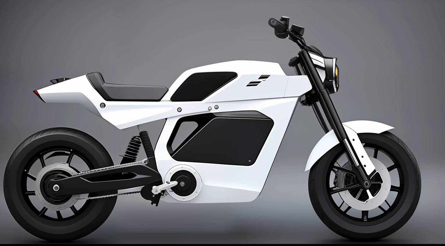 Small，The white，Lightweight，Electric motorcycle，Black seat cushion，Simple structure，20-inch black tires，Frame structure diagram，Clear structure，Frames，High quality，High detail，Side photo，crisp smooth lines，hd render，Ultra-realistic rendering，extreme render