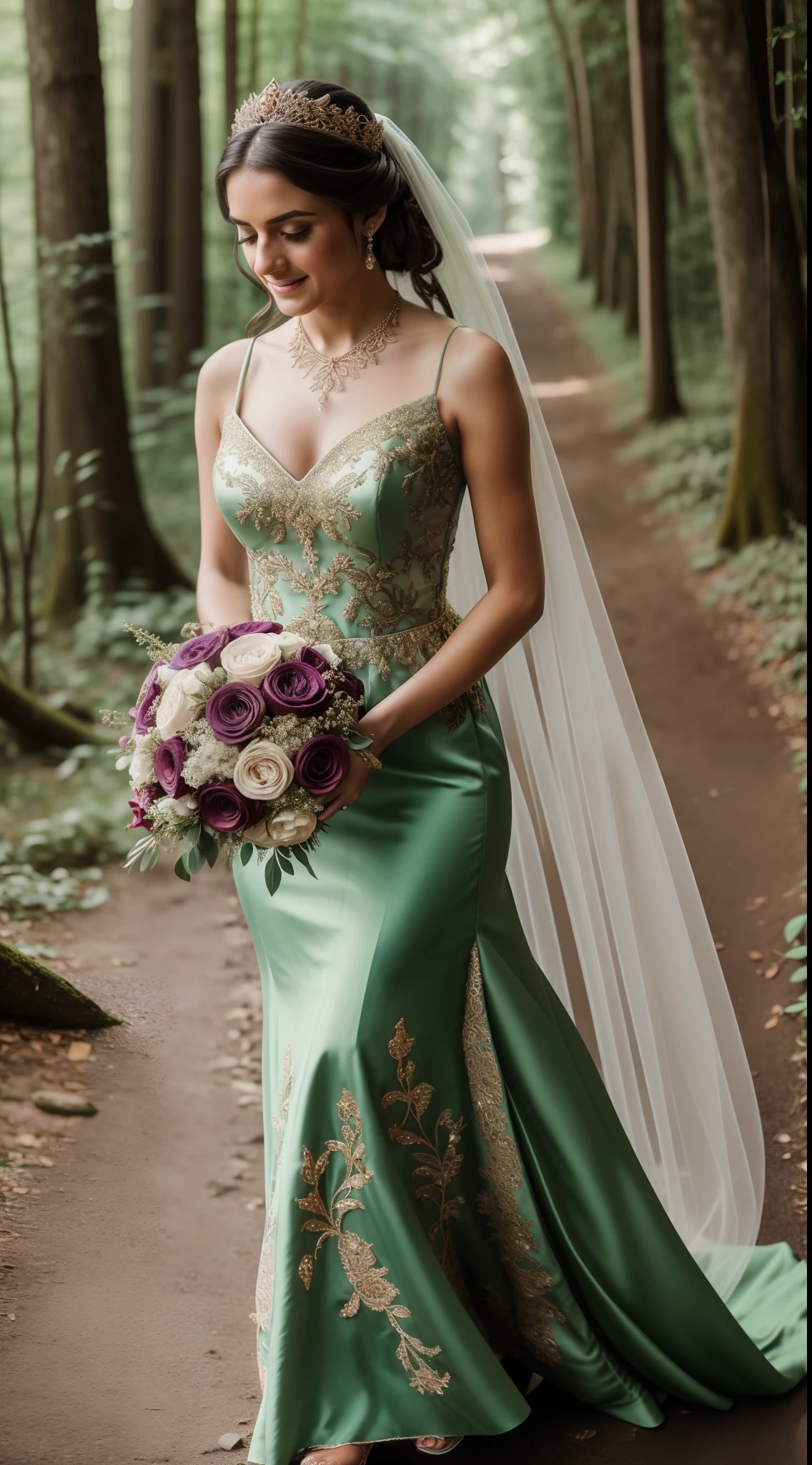 British girl dressed in Green Quinceanera Embroidered Prom Ball V-Neck Floral Gown Elegant Formal Party Fairy Princess Dress,
Fair skin, bridal hairs, eyes shy looking down, carrying bridal bouquet in hand, bridal stockings carrying floral embroidery in forearms,
Beautiful smile as if going to marry someone, a thin golden elvish choker necklace in neck, cropped shoulders
Medium boobs size, cleavage visible,
elegant colors,full body visible till thighs, bridal sandals in feet,
In a forest lit by fire, coming as a goddess to seduce someone by offering herself as bride,
Fireflies around her, divine radiance,